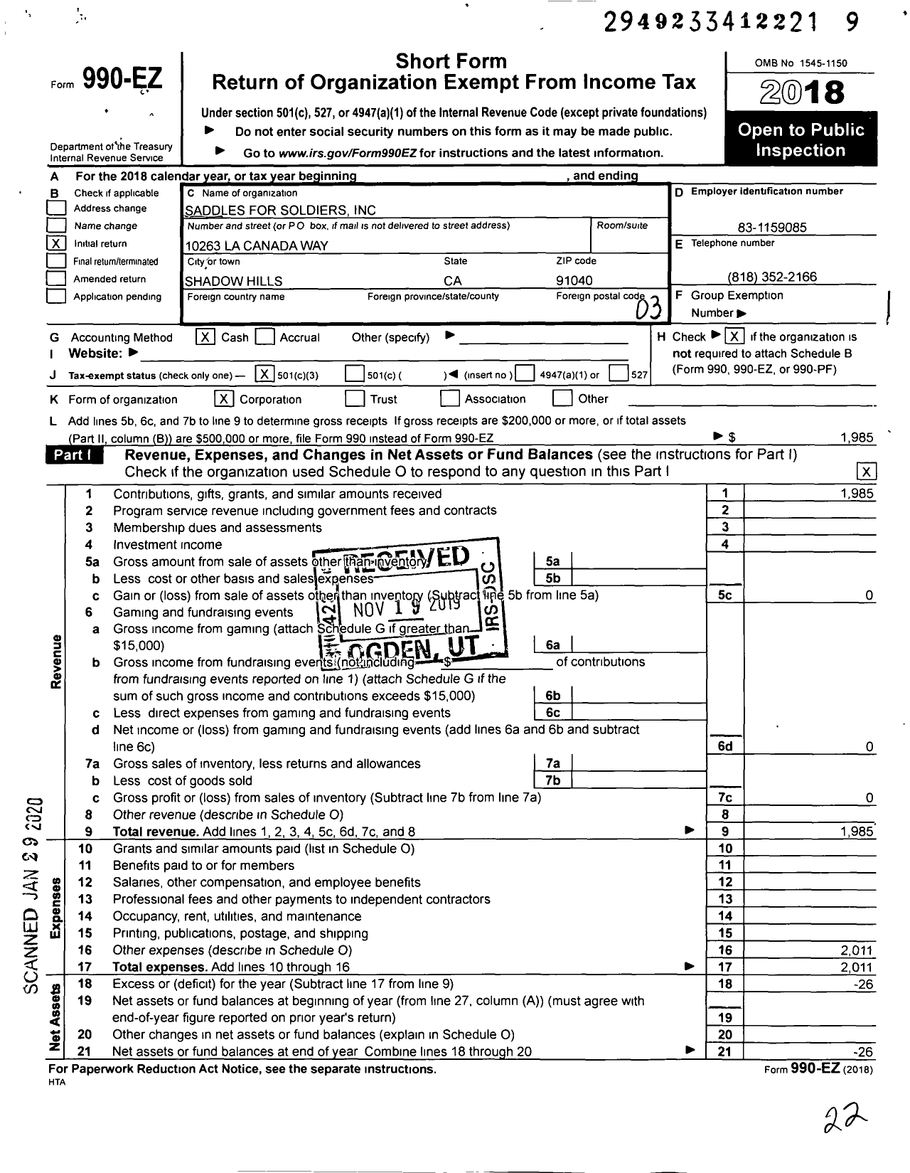 Image of first page of 2018 Form 990EZ for Saddles for Soldiers