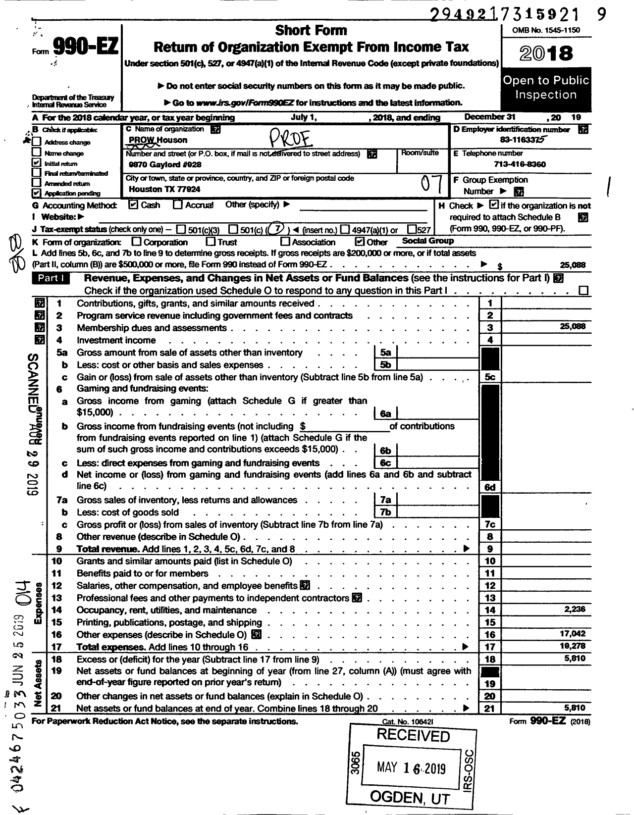 Image of first page of 2019 Form 990EO for Professional Referral Organization for the Women of Houston