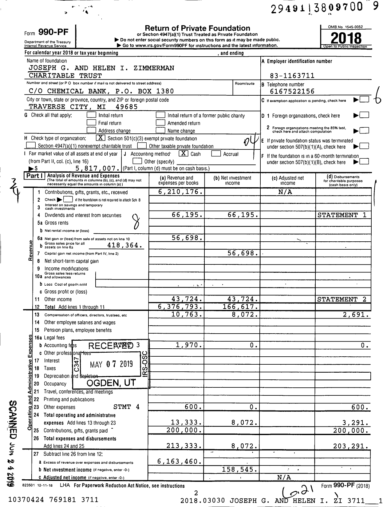 Image of first page of 2018 Form 990PF for Joseph G and Helen I Zimmerman Charitable Trust