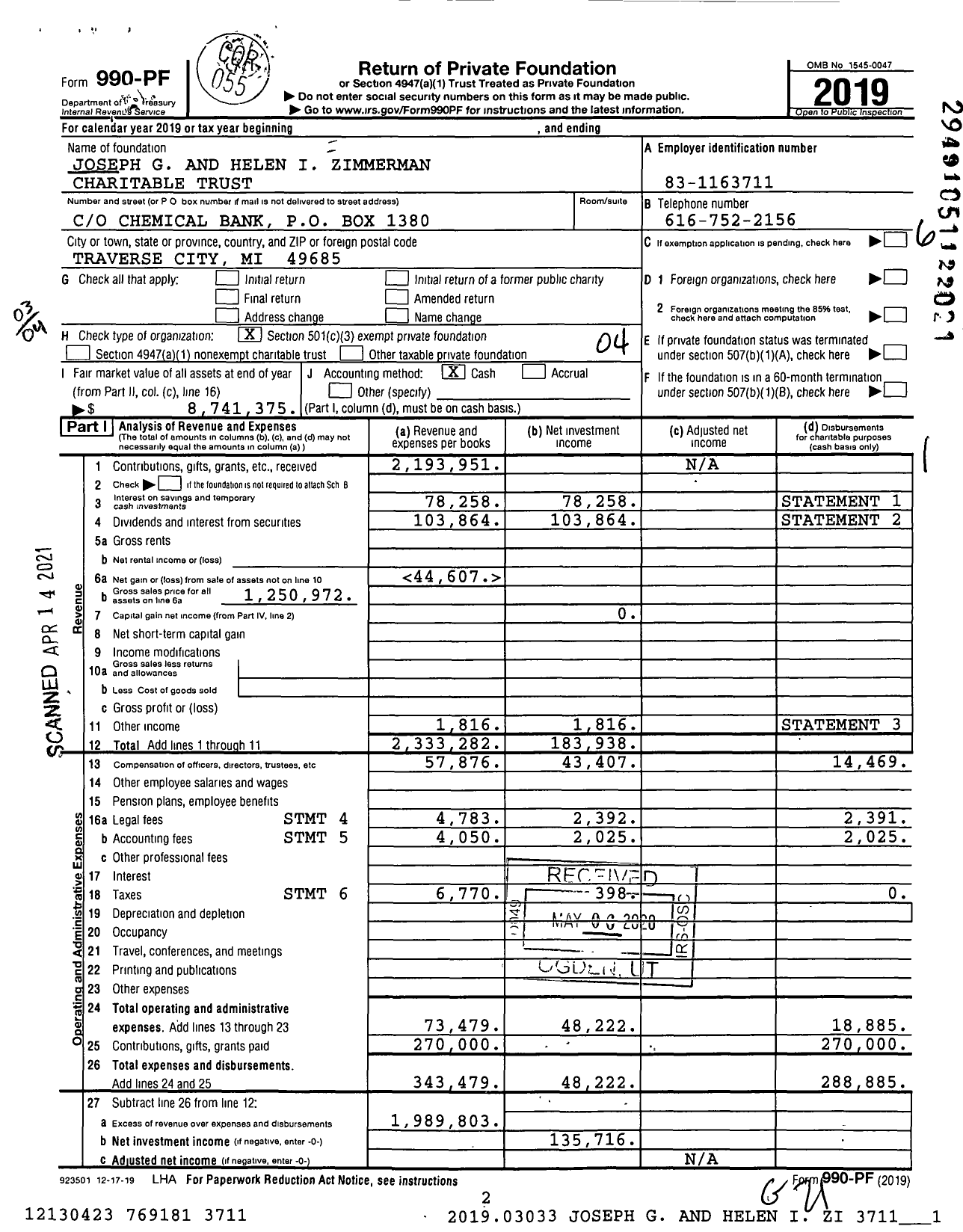 Image of first page of 2019 Form 990PF for Joseph G and Helen I Zimmerman Charitable Trust