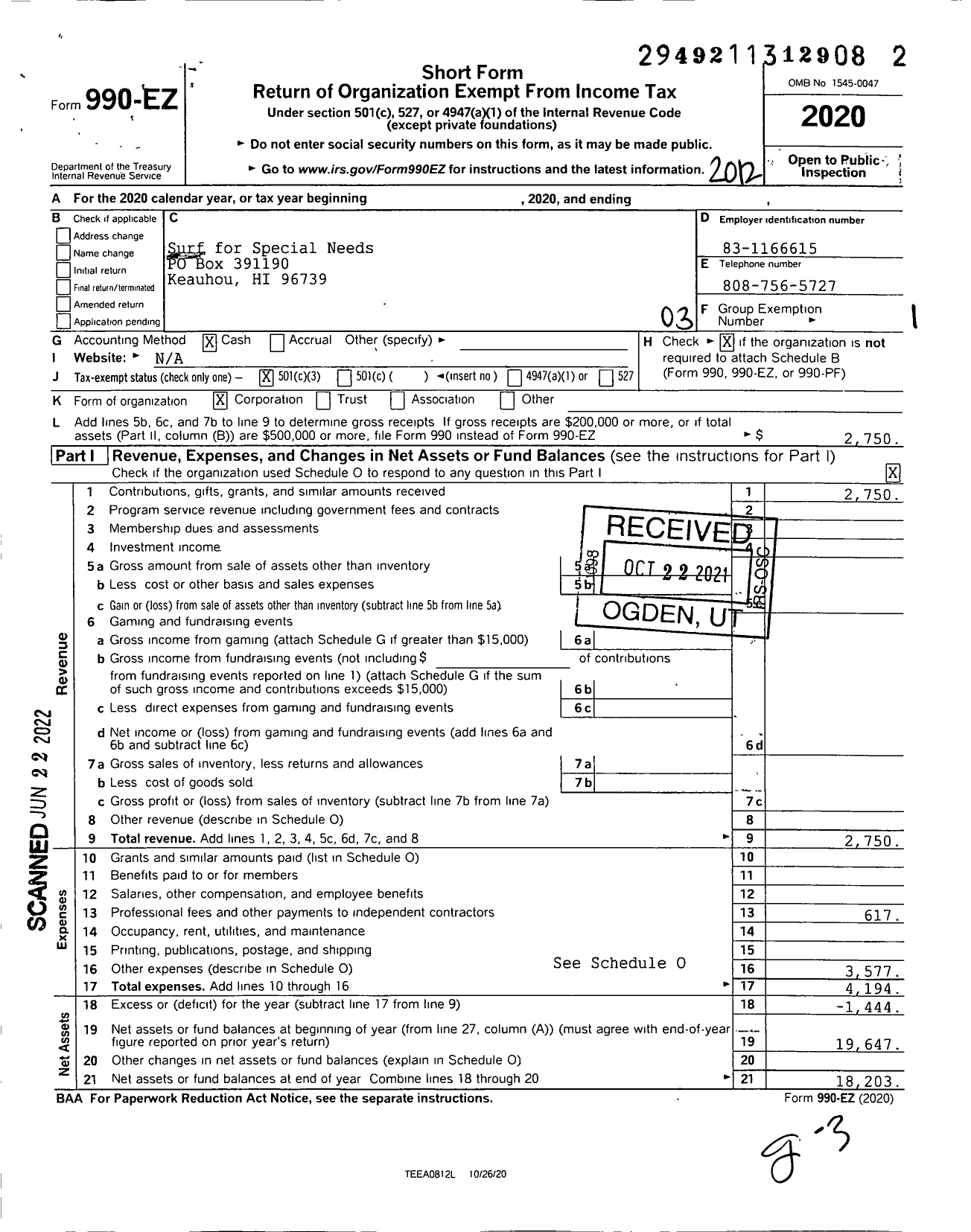 Image of first page of 2020 Form 990EZ for Surf for Special Needs (S4SN)