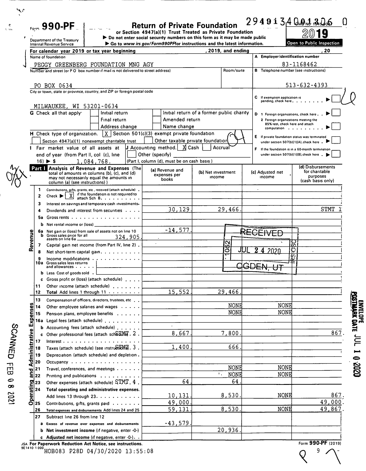 Image of first page of 2019 Form 990PF for Peggy Greenberg Foundation MNG Agy