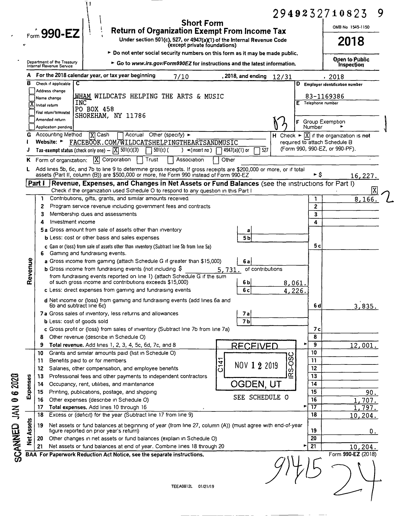 Image of first page of 2018 Form 990EZ for WHAM Wildcats Helping The Arts & Music