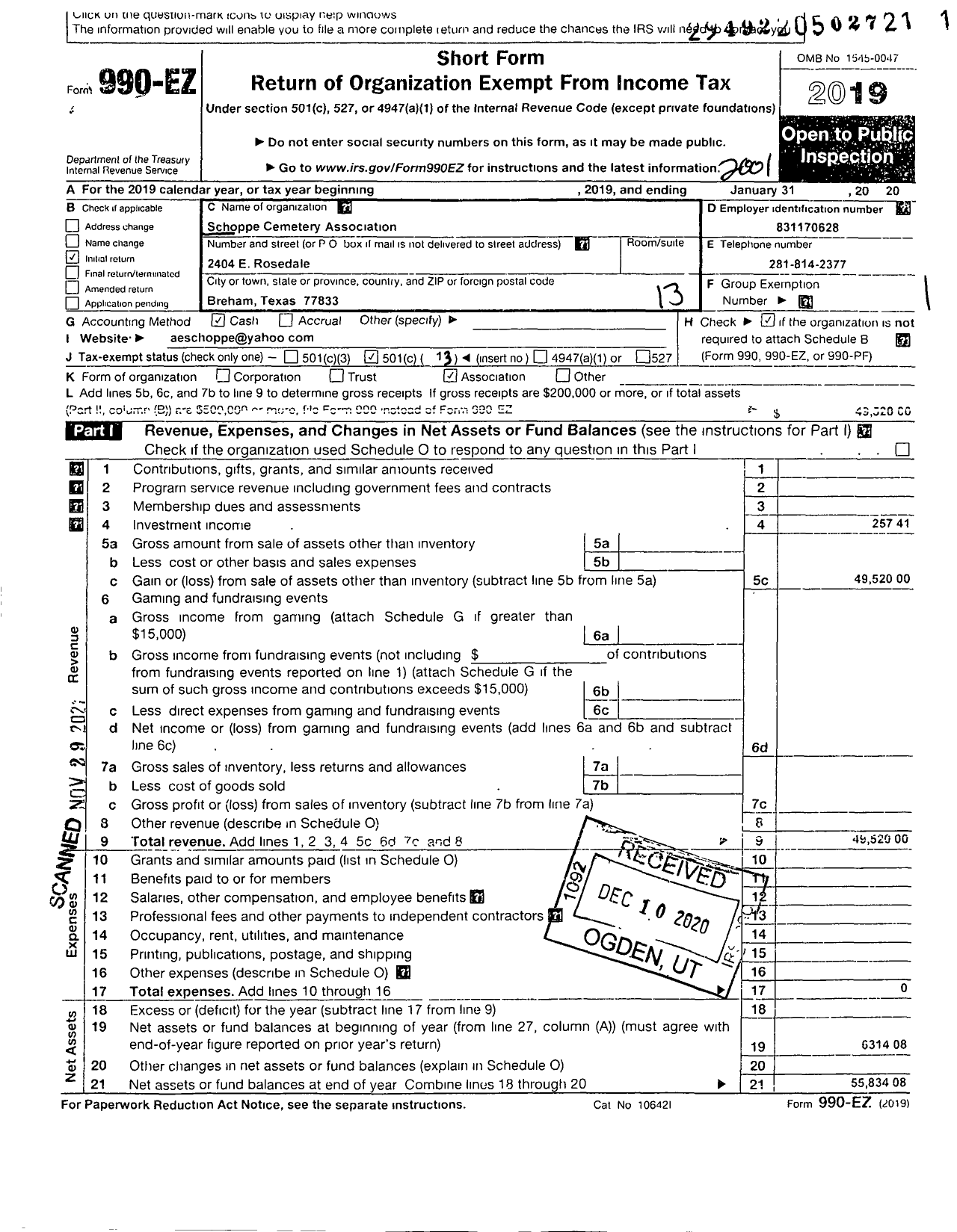 Image of first page of 2019 Form 990EO for Schoppe Cemetery Association