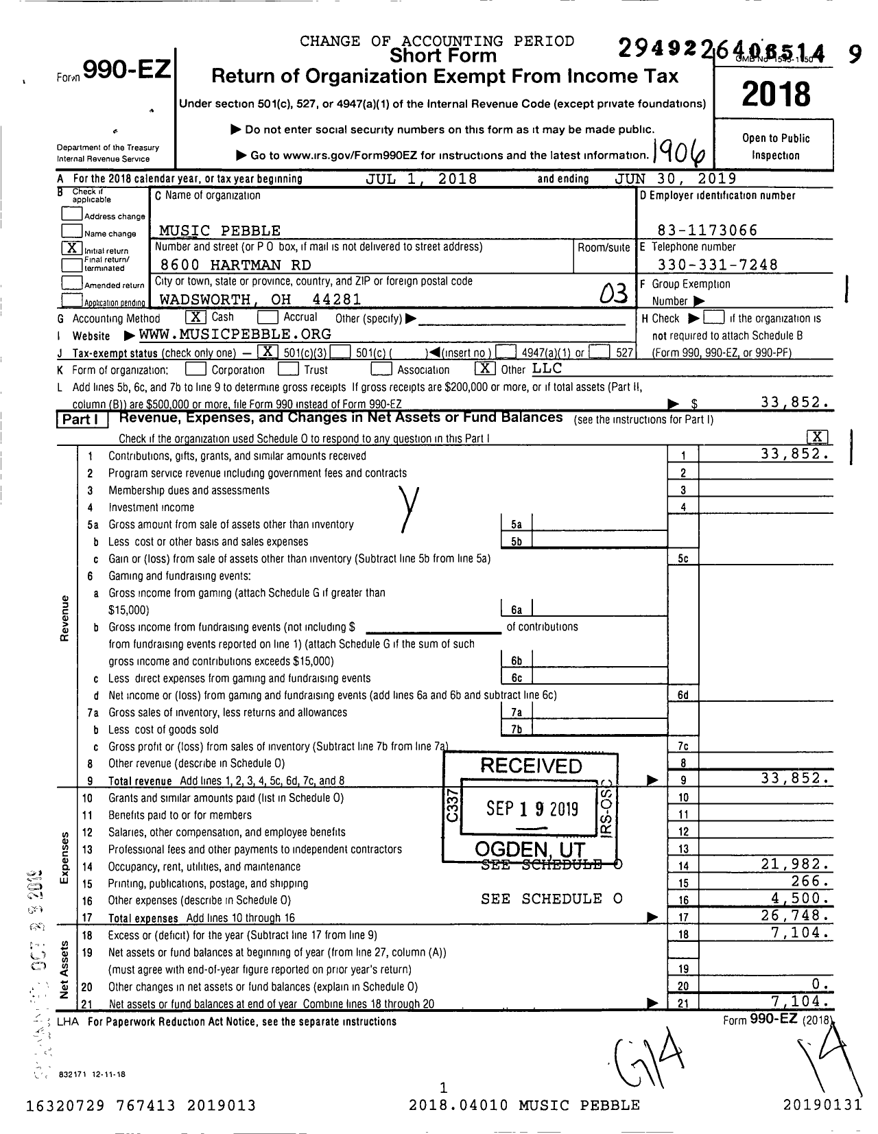 Image of first page of 2018 Form 990EZ for Music Pebble