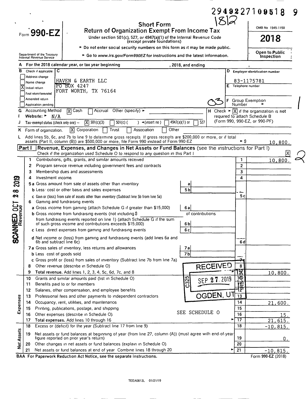 Image of first page of 2018 Form 990EZ for Haven and Earth LLC