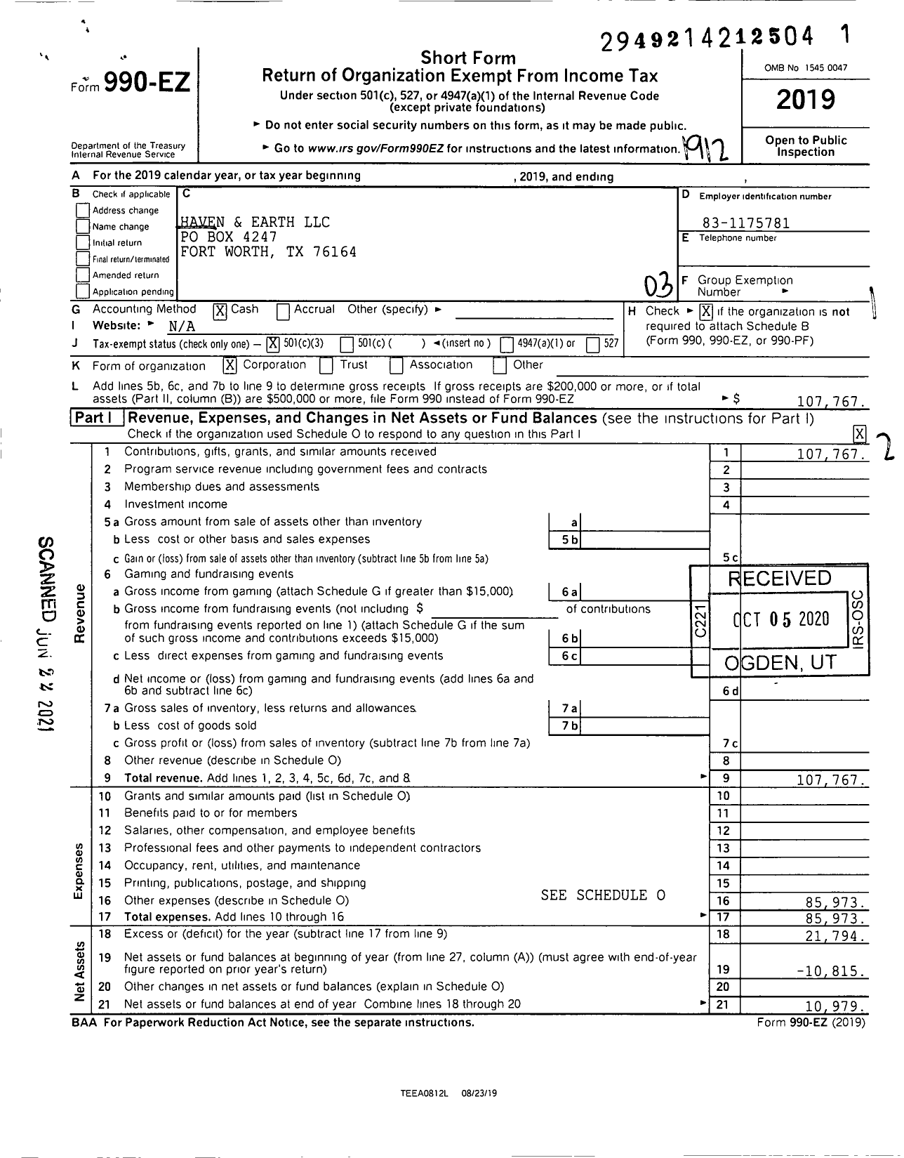 Image of first page of 2019 Form 990EZ for Haven and Earth LLC