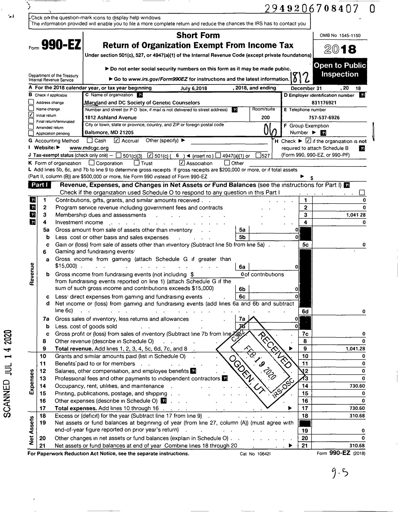 Image of first page of 2018 Form 990EO for Maryland and DC Society of Genetic Counselors