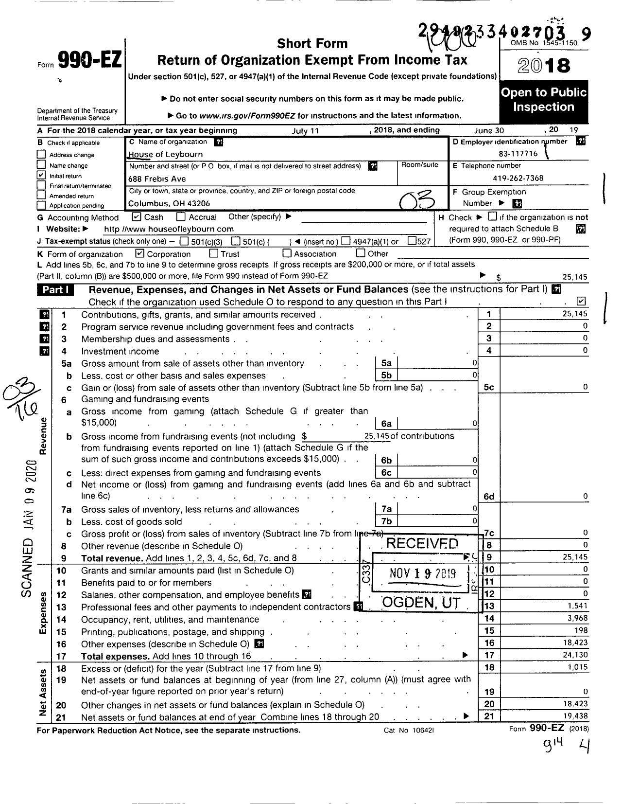 Image of first page of 2018 Form 990EZ for House of Leybourn