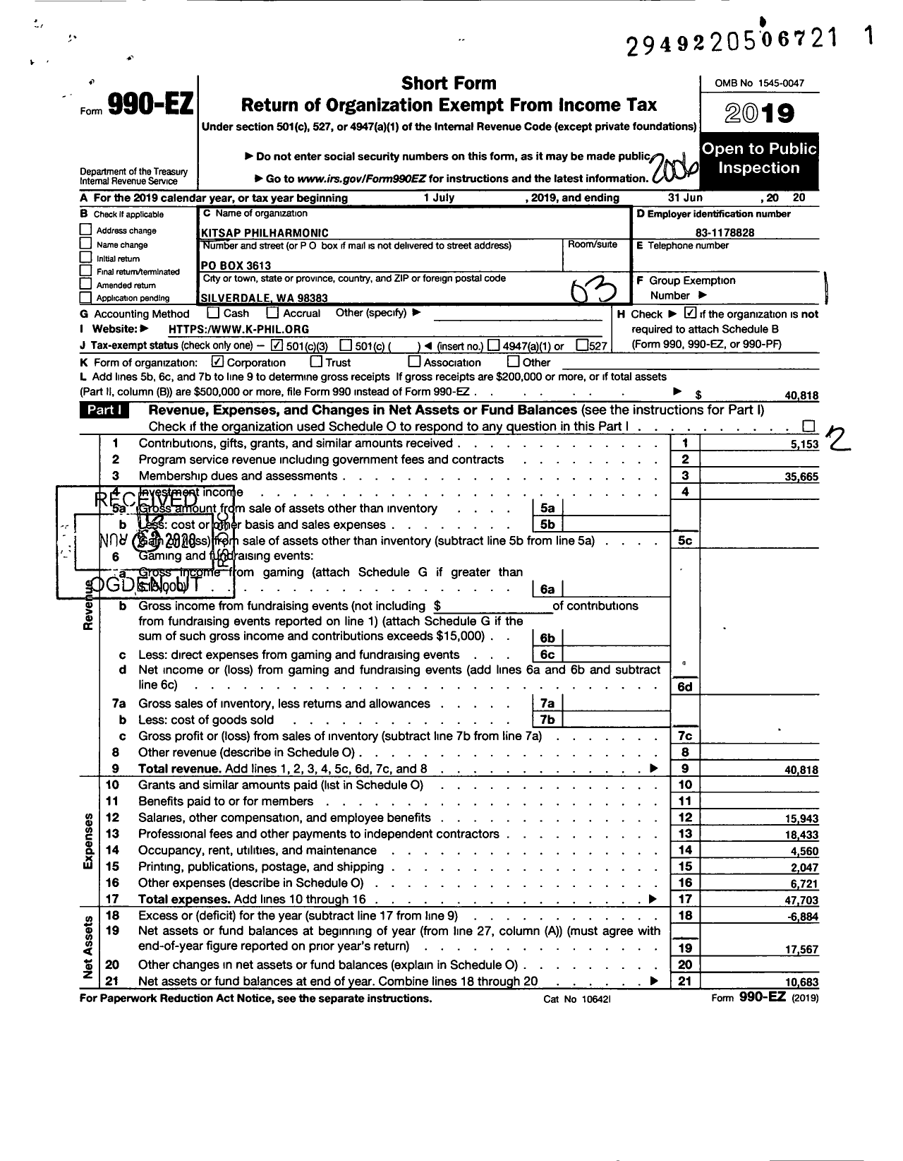 Image of first page of 2019 Form 990EZ for Kitsap Philharmonic