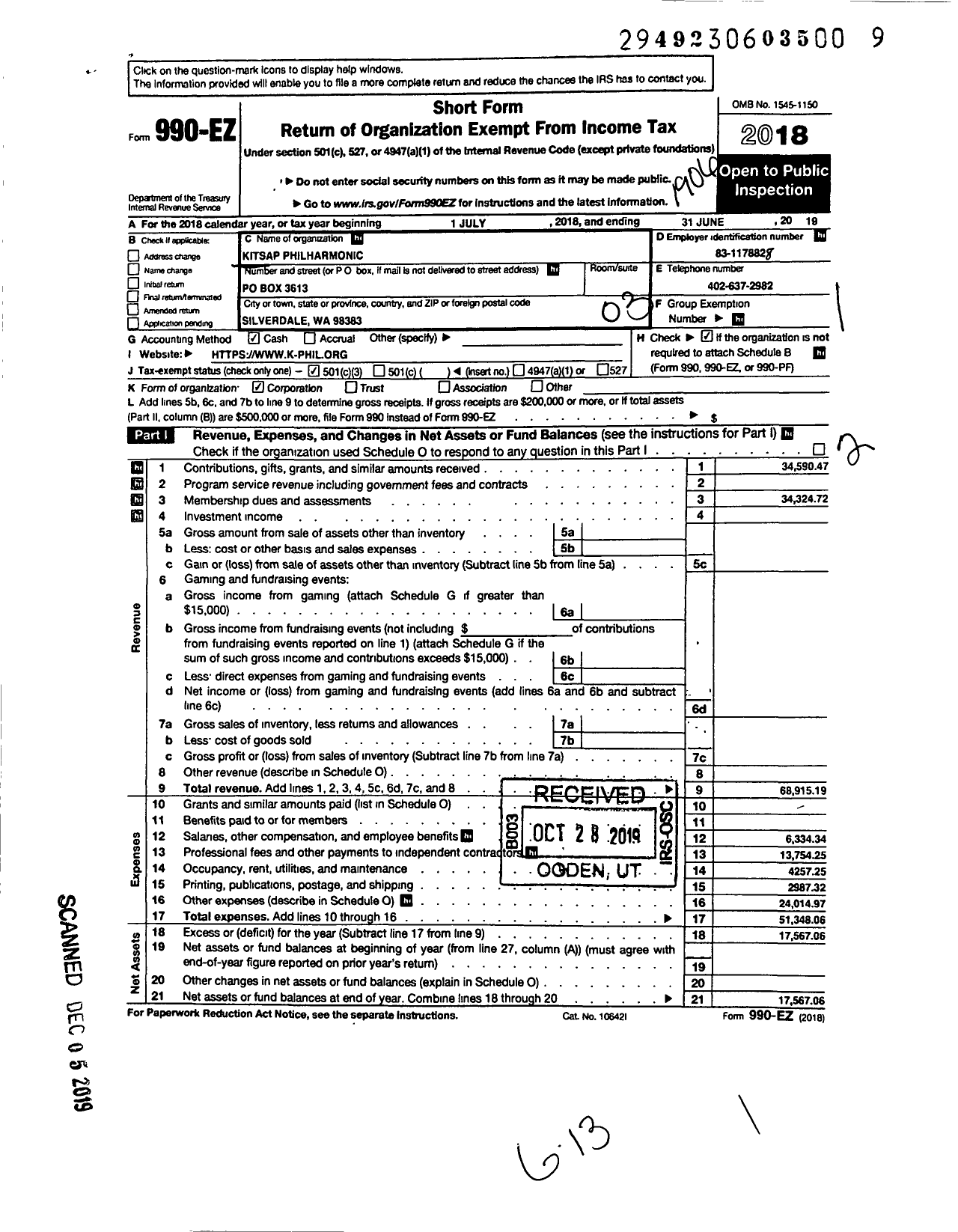 Image of first page of 2018 Form 990EZ for Kitsap Philharmonic