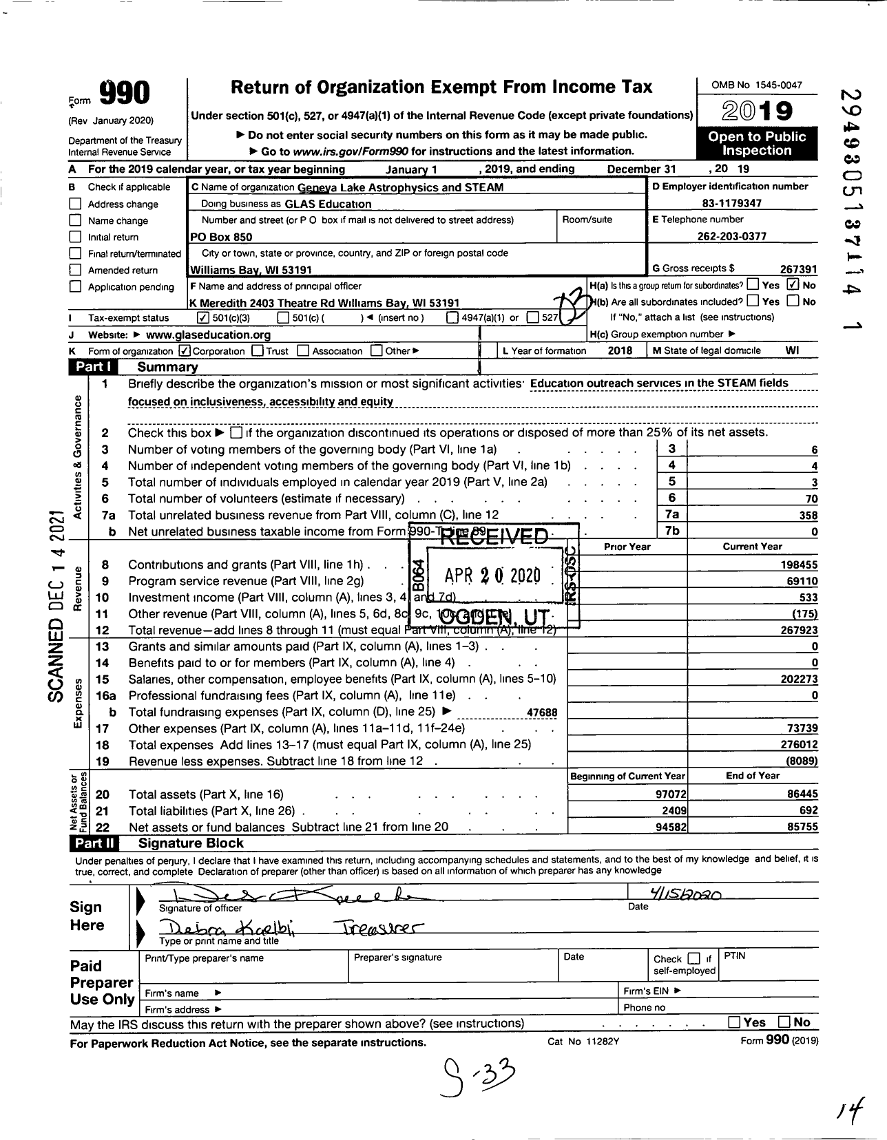 Image of first page of 2019 Form 990 for GLAS Education