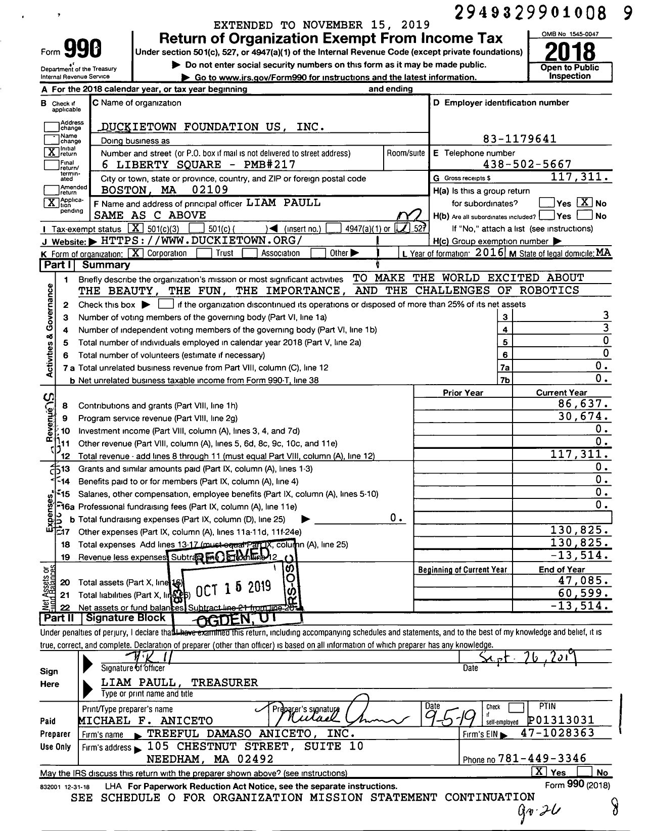 Image of first page of 2018 Form 990 for Duckietown Foundation Us