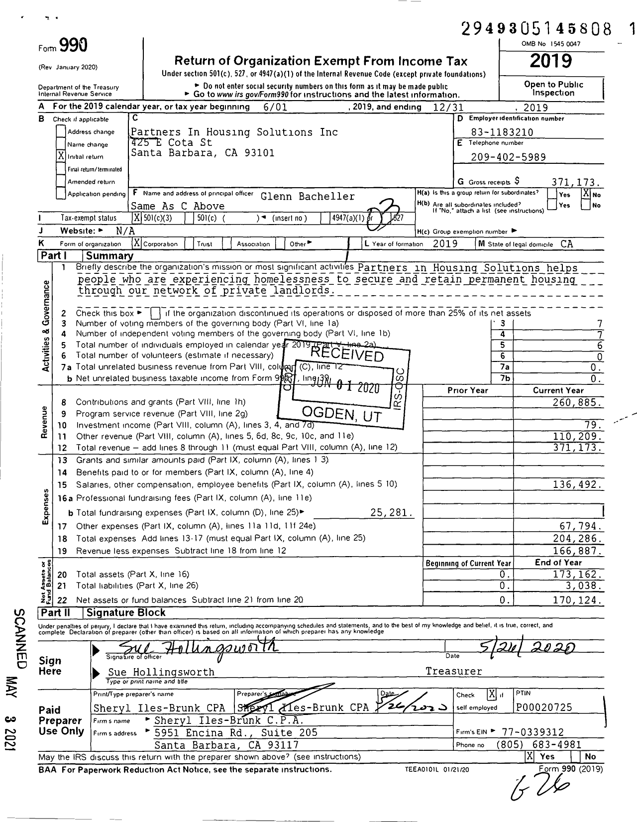 Image of first page of 2019 Form 990 for Partners In Housing Solutions