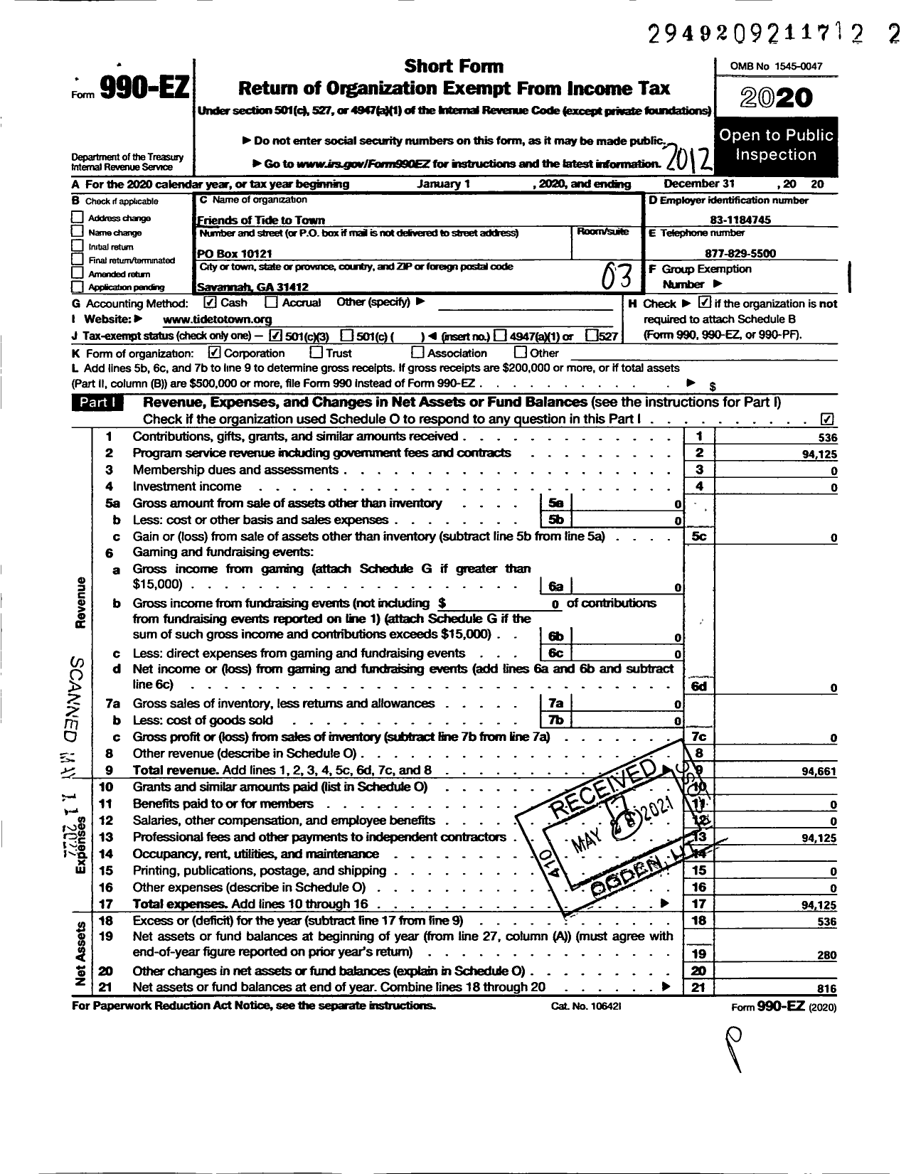 Image of first page of 2020 Form 990EZ for Friends of Tide Town