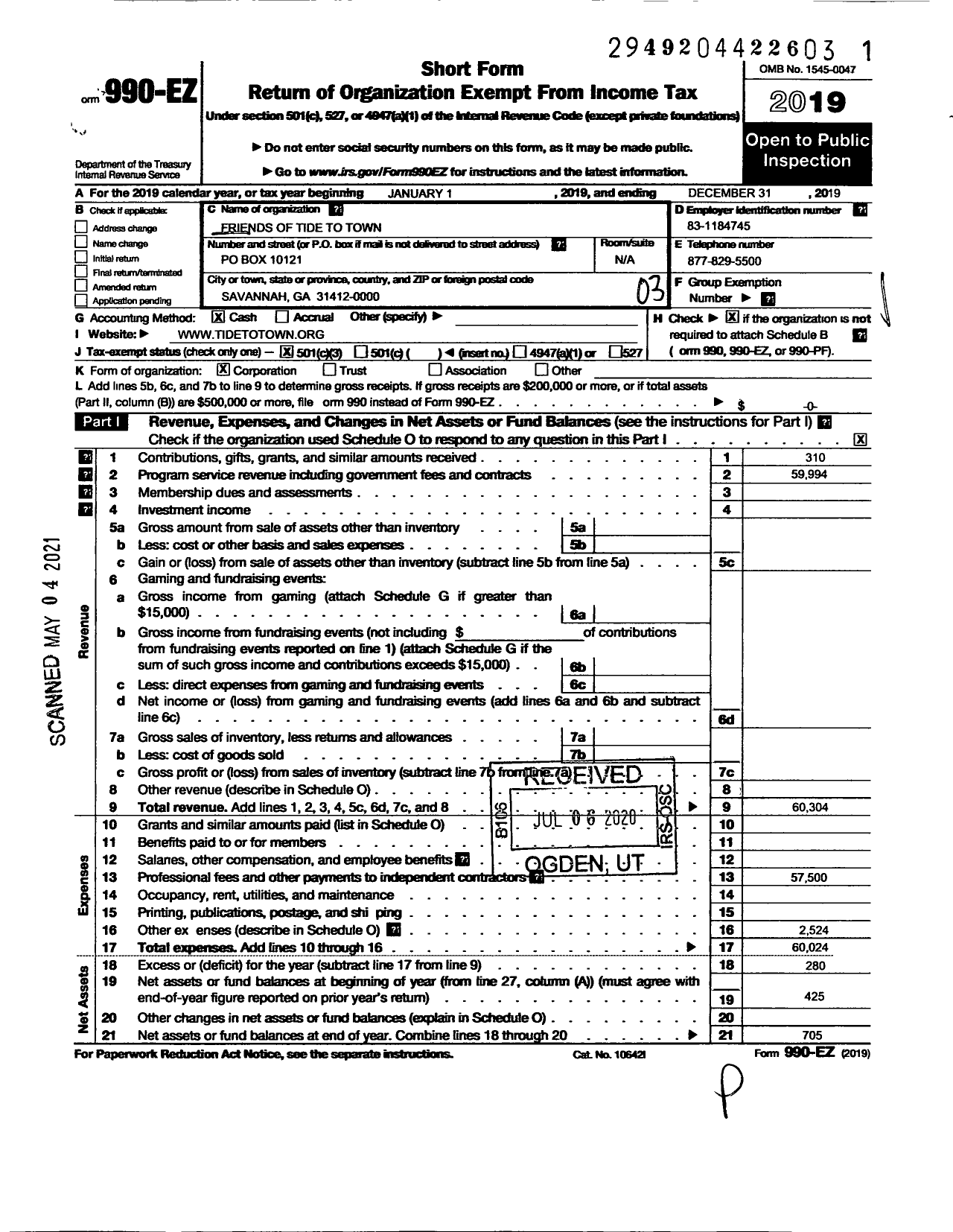 Image of first page of 2019 Form 990EZ for Friends of Tide Town