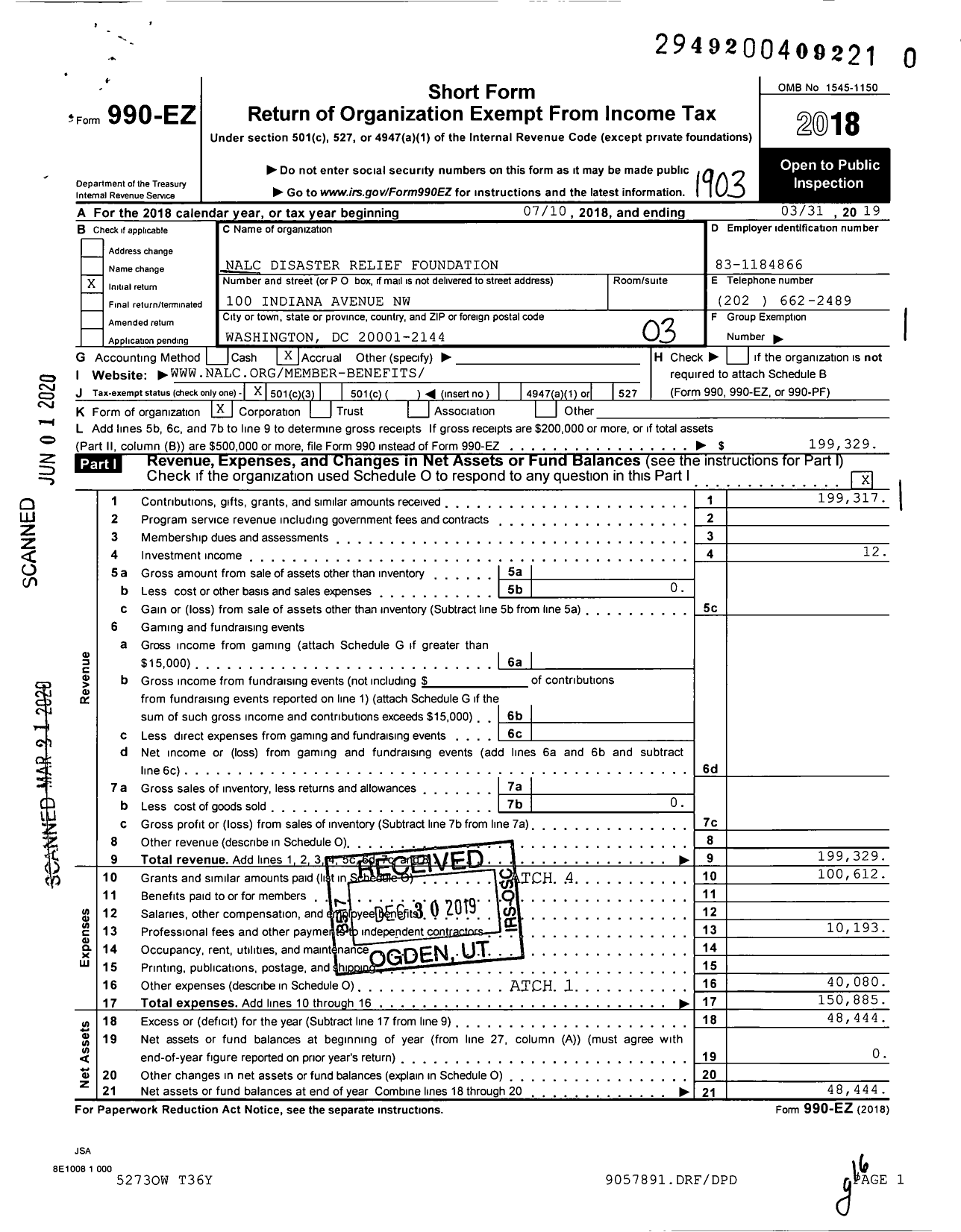Image of first page of 2018 Form 990EZ for Nalc Disaster Relief Foundation