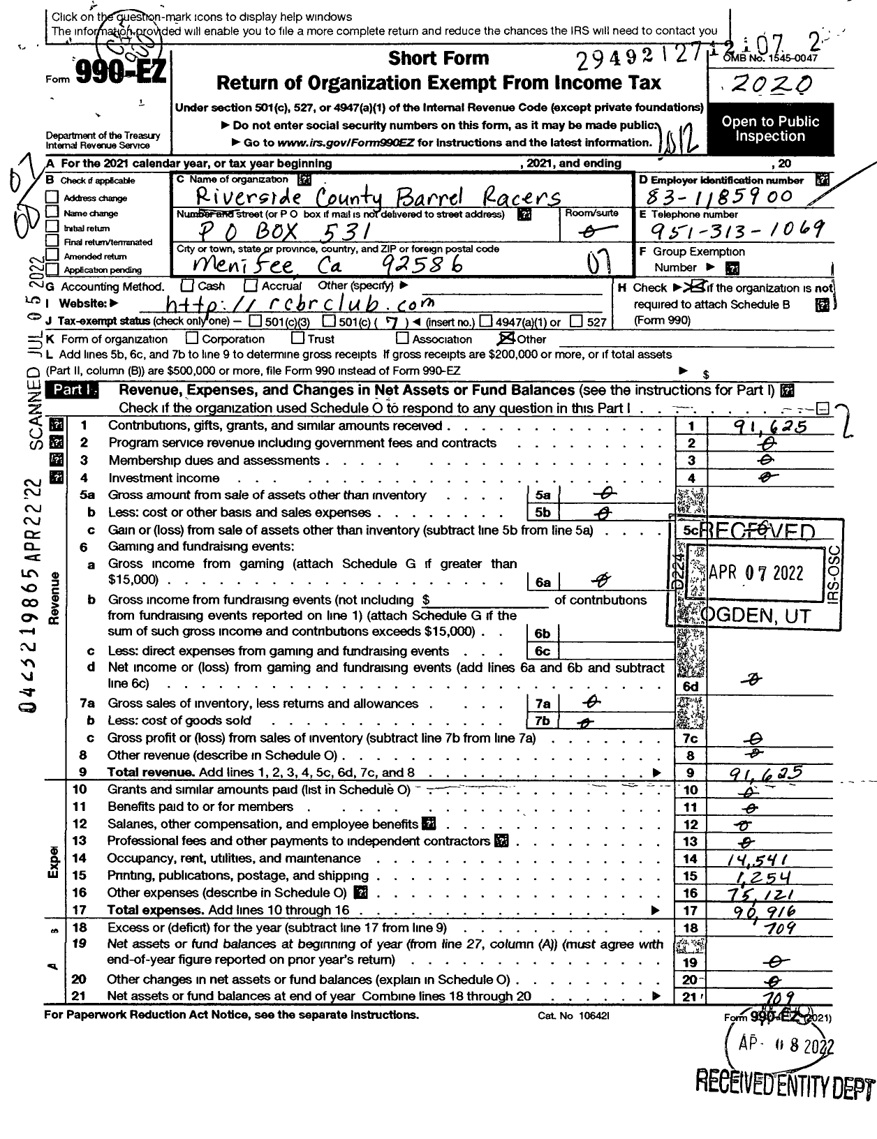 Image of first page of 2020 Form 990EO for Riverside County Barrel Racers