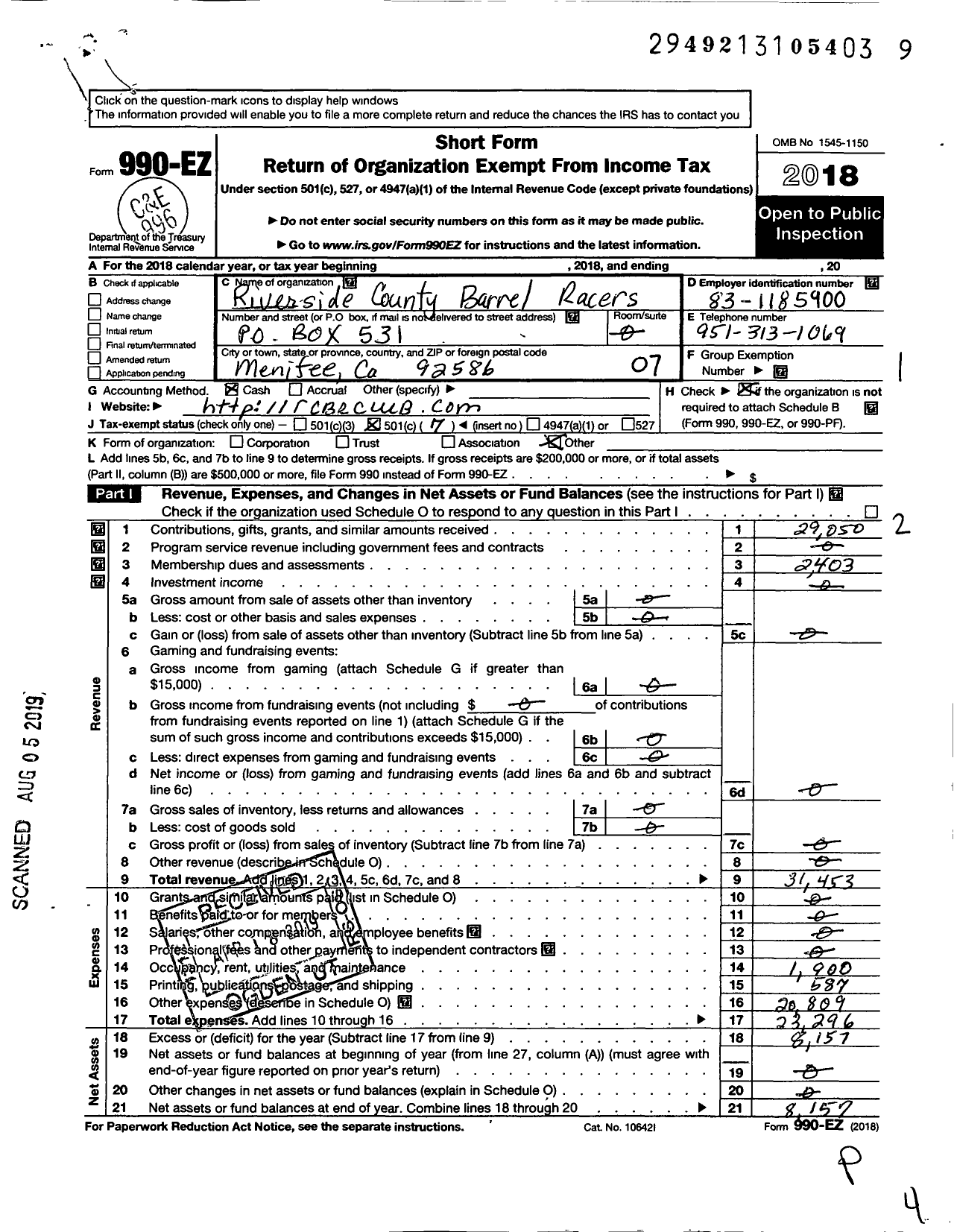 Image of first page of 2018 Form 990EO for Riverside County Barrel Racers