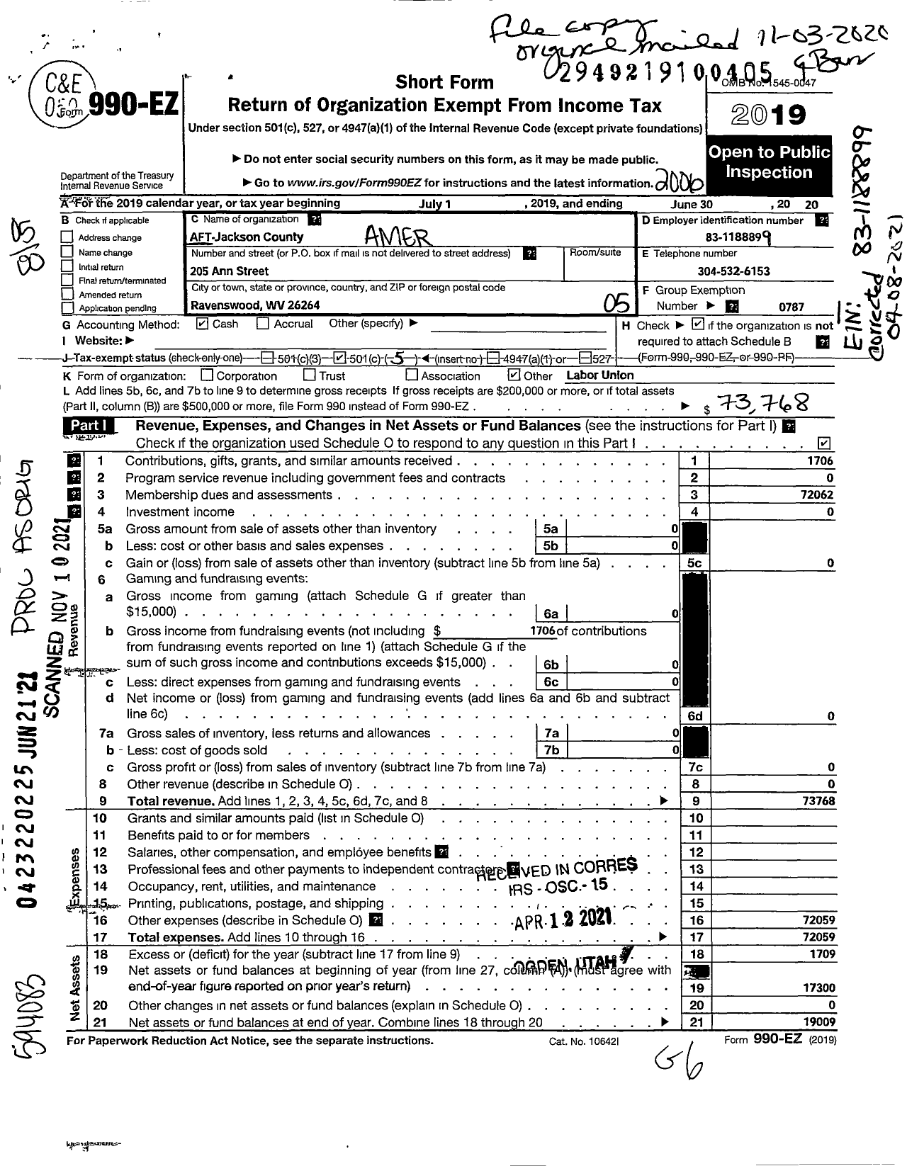 Image of first page of 2019 Form 990EO for American Federation of Teachers - 1496 Aft Jackson County