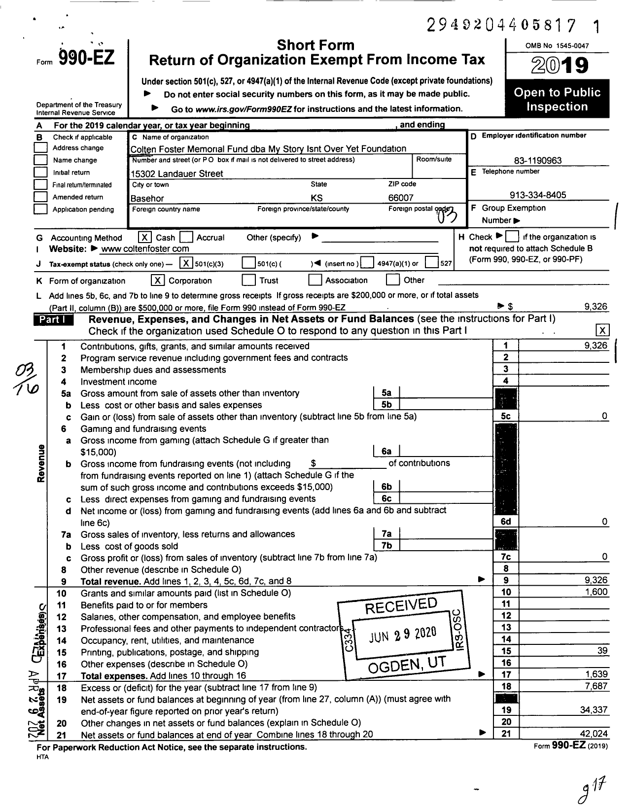 Image of first page of 2019 Form 990EZ for COLTEN FOSTER MEMORIAL FUND My Story Isnt Over Yet Foundation