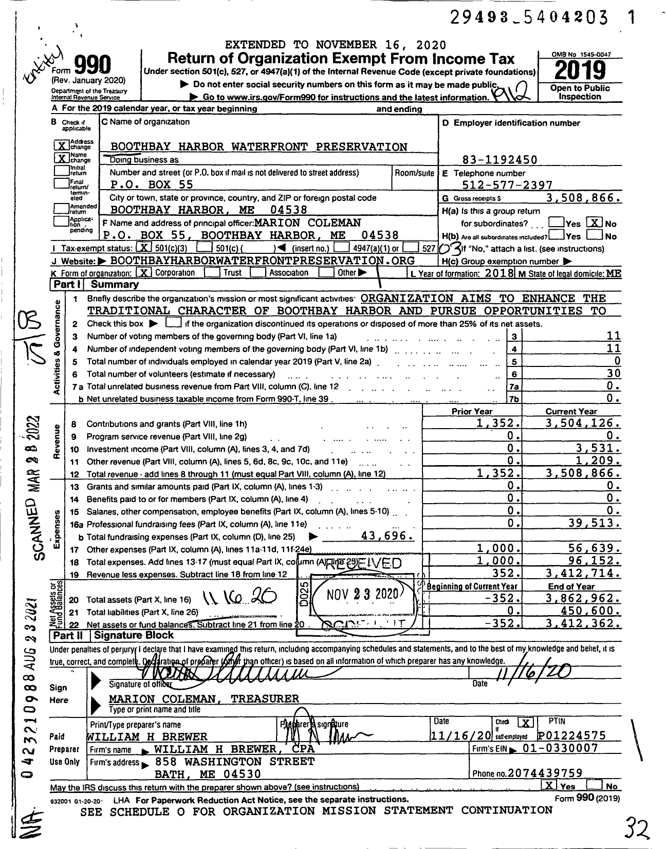 Image of first page of 2019 Form 990 for Boothbay Harbor Waterfront Preservation