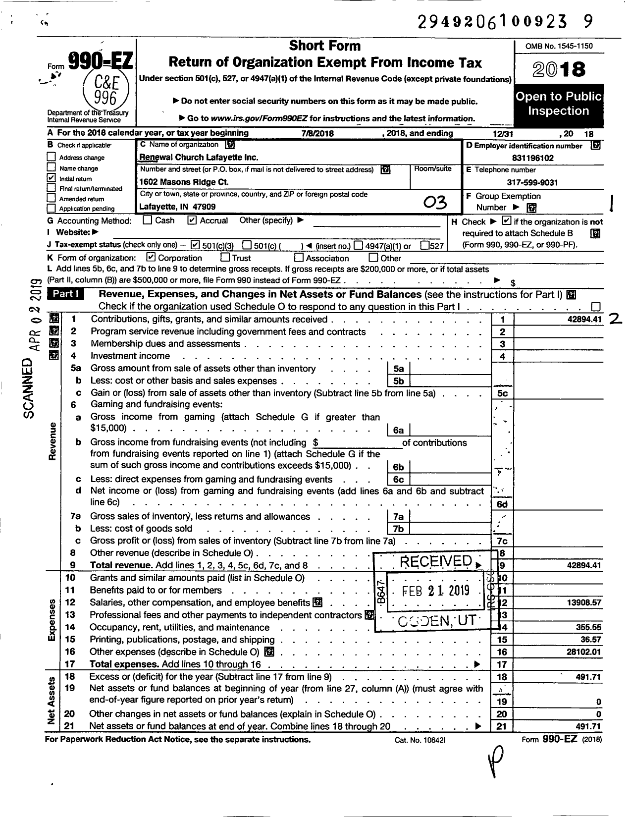 Image of first page of 2018 Form 990EZ for Renewal Church Lafayette