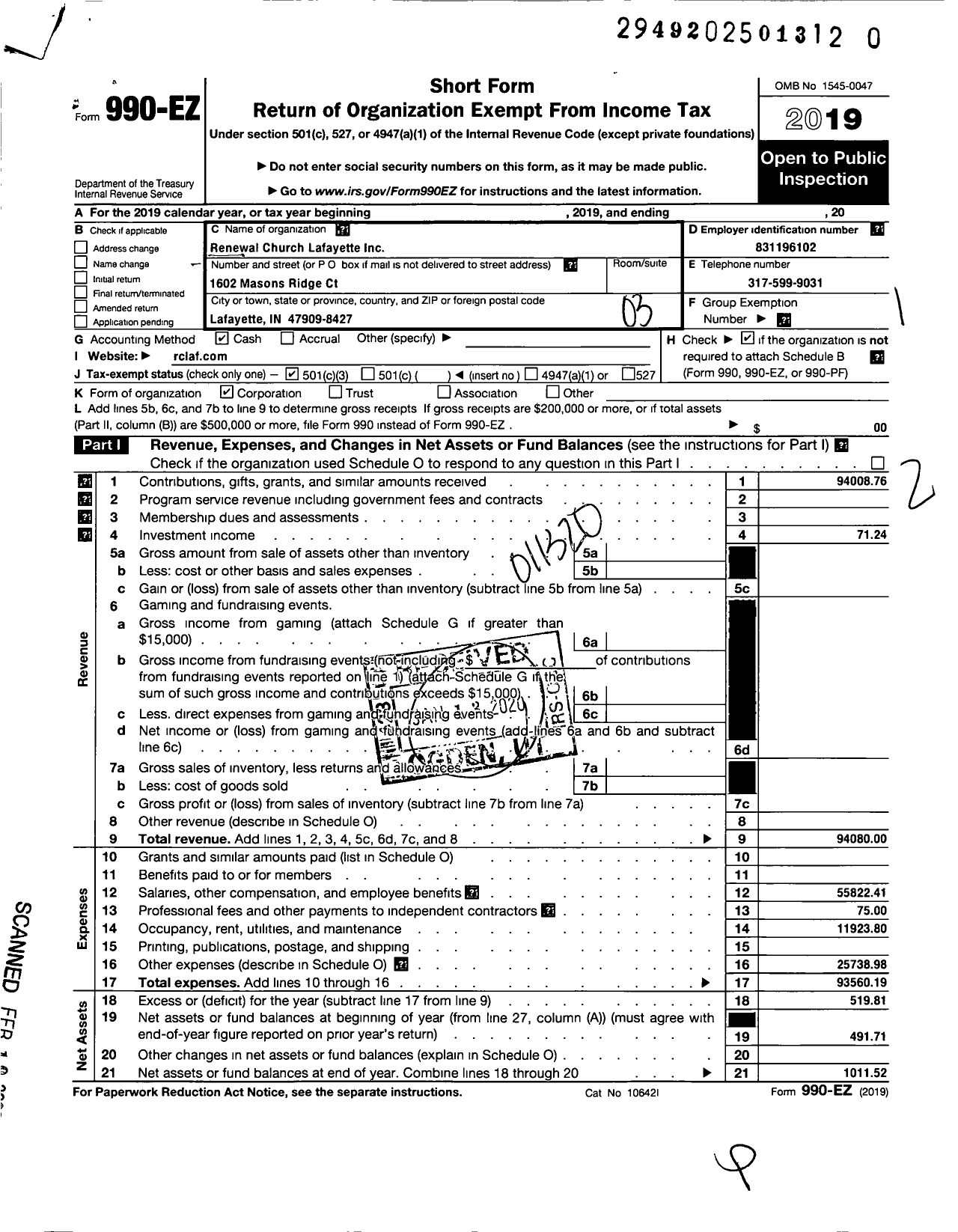 Image of first page of 2019 Form 990EZ for Renewal Church Lafayette