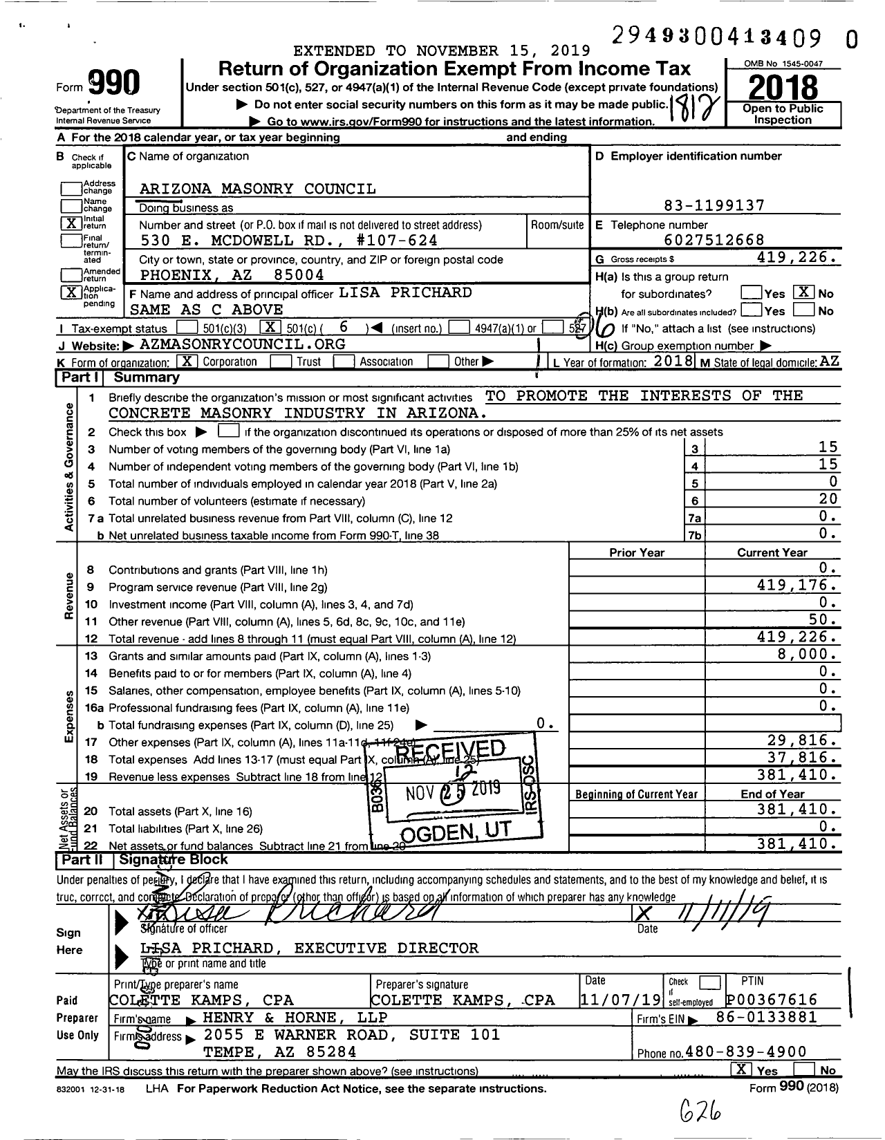 Image of first page of 2018 Form 990O for Arizona Masonry Council