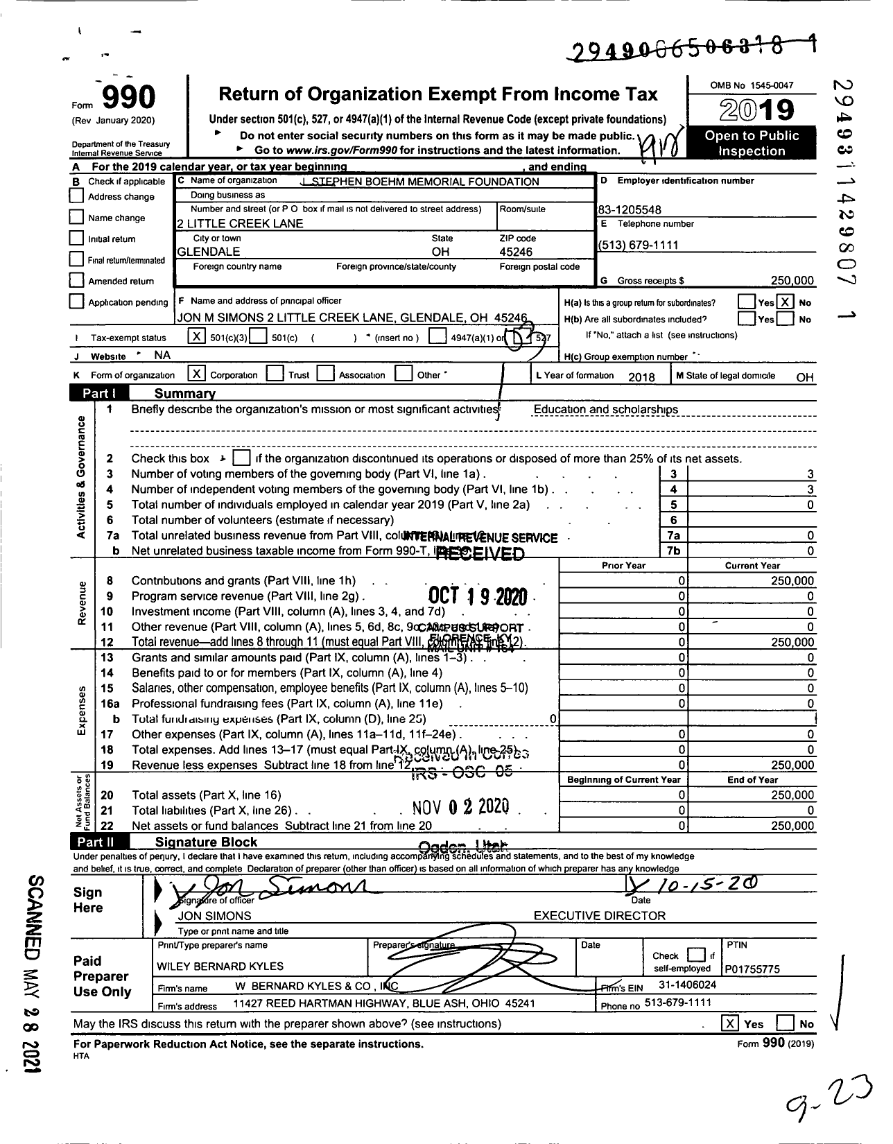 Image of first page of 2019 Form 990 for L Stephen Boehm Memorial Foundation