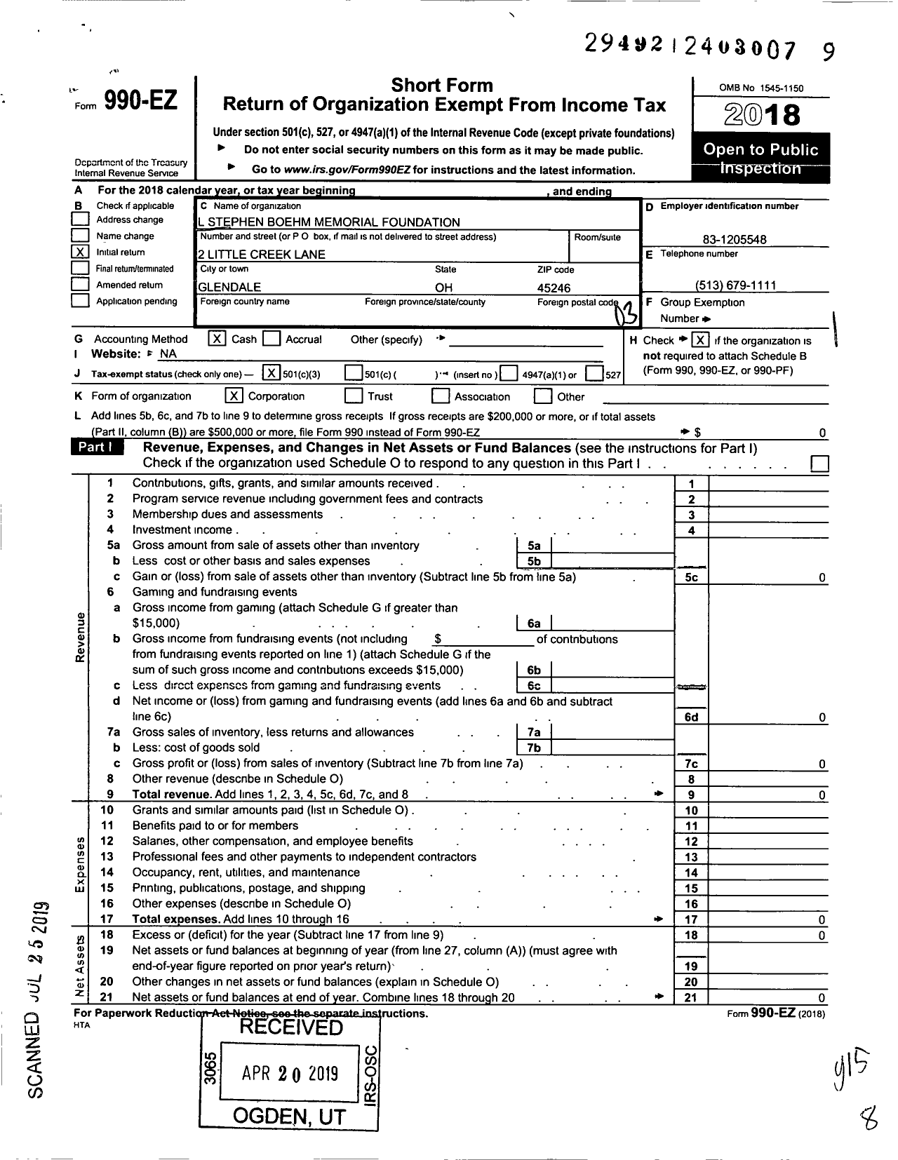 Image of first page of 2018 Form 990EZ for L Stephen Boehm Memorial Foundation