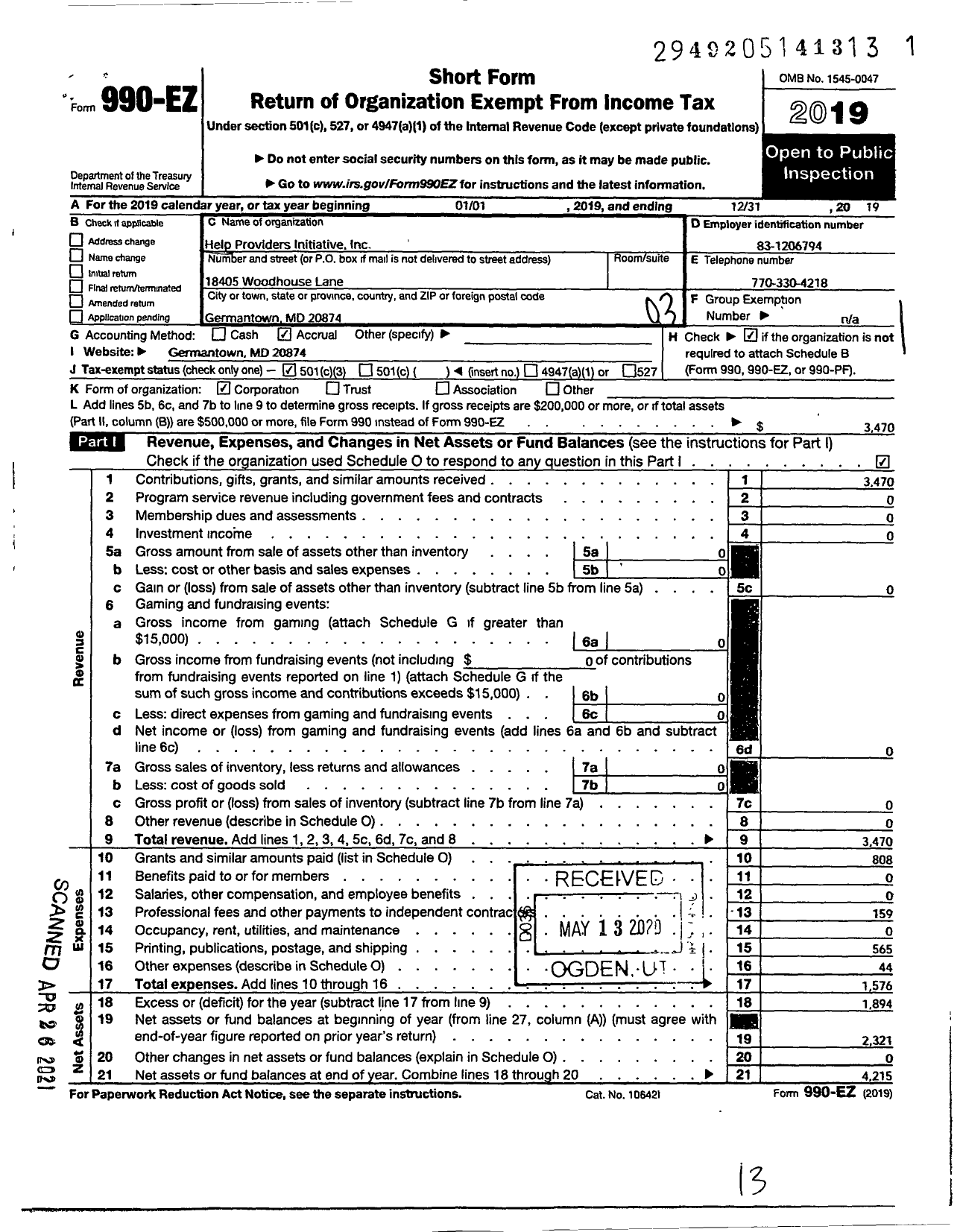 Image of first page of 2019 Form 990EZ for Help Providers Initiative