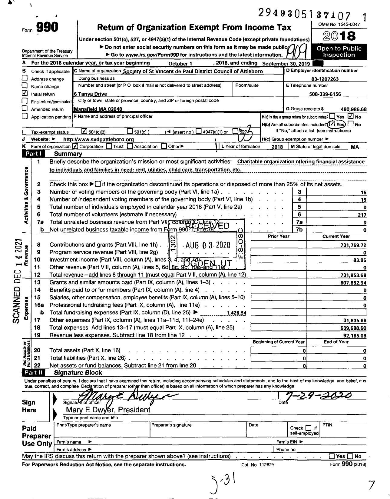 Image of first page of 2018 Form 990 for Society of St Vincent de Paul District Council of Attleboro