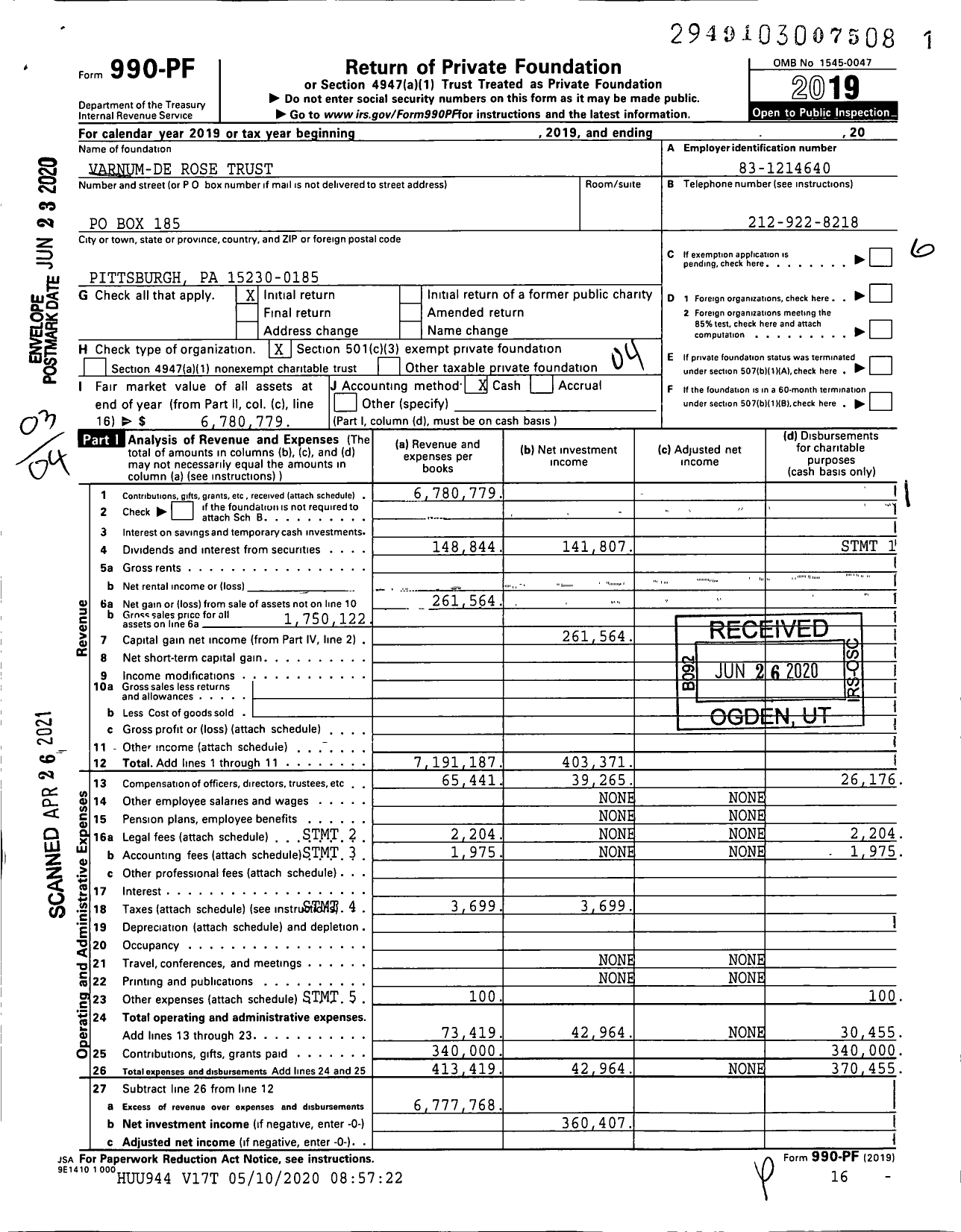 Image of first page of 2019 Form 990PF for Varnum-De Rose Trust