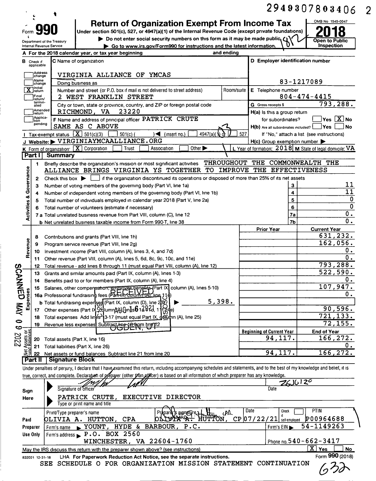 Image of first page of 2018 Form 990 for Virginia Alliance of Ymcas