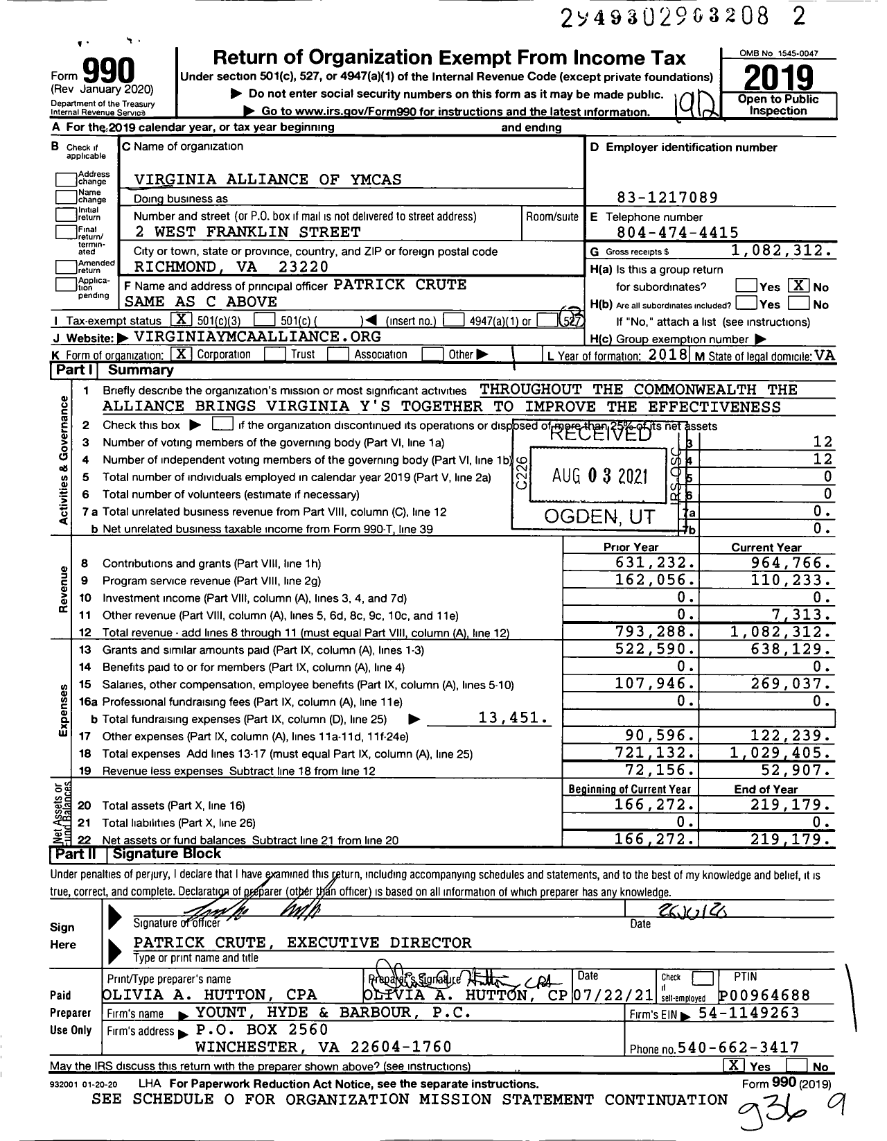 Image of first page of 2019 Form 990 for Virginia Alliance of Ymcas