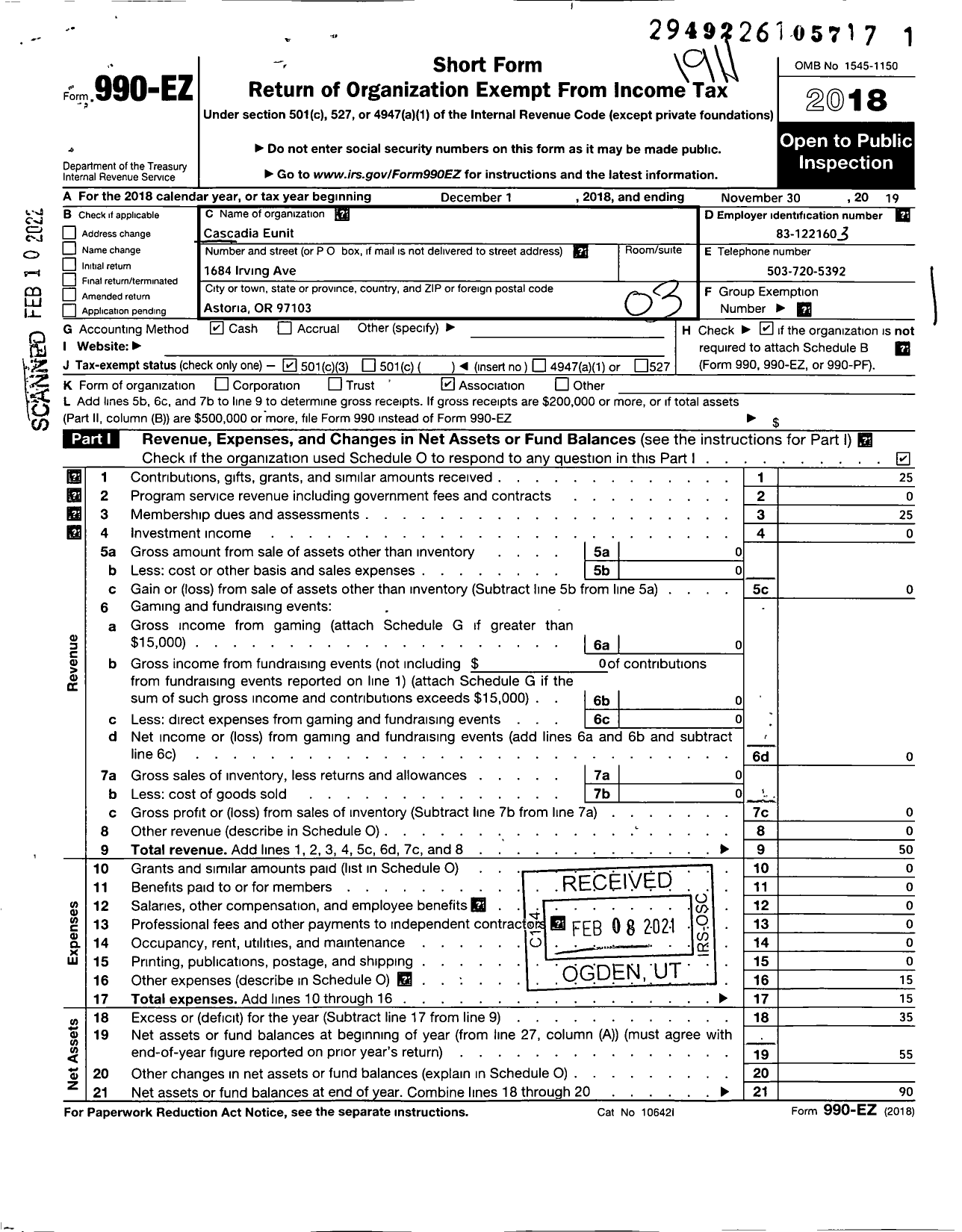 Image of first page of 2018 Form 990EZ for Cascadia Eunit