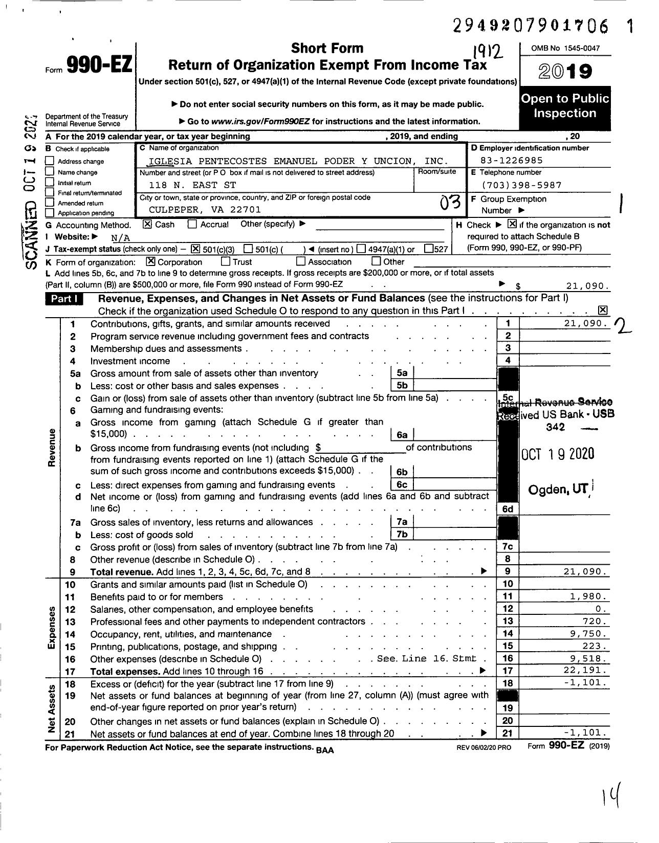 Image of first page of 2019 Form 990EZ for Iglesia Pentecostes Emanuel Poder Y Uncion