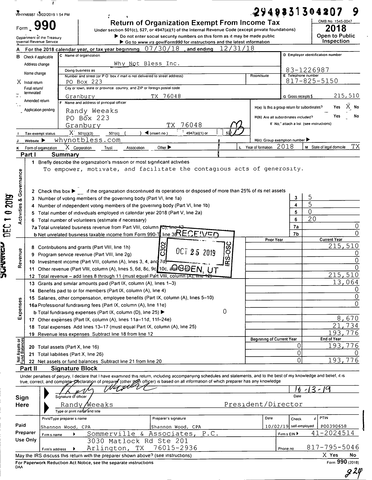 Image of first page of 2018 Form 990 for Why Not Bless