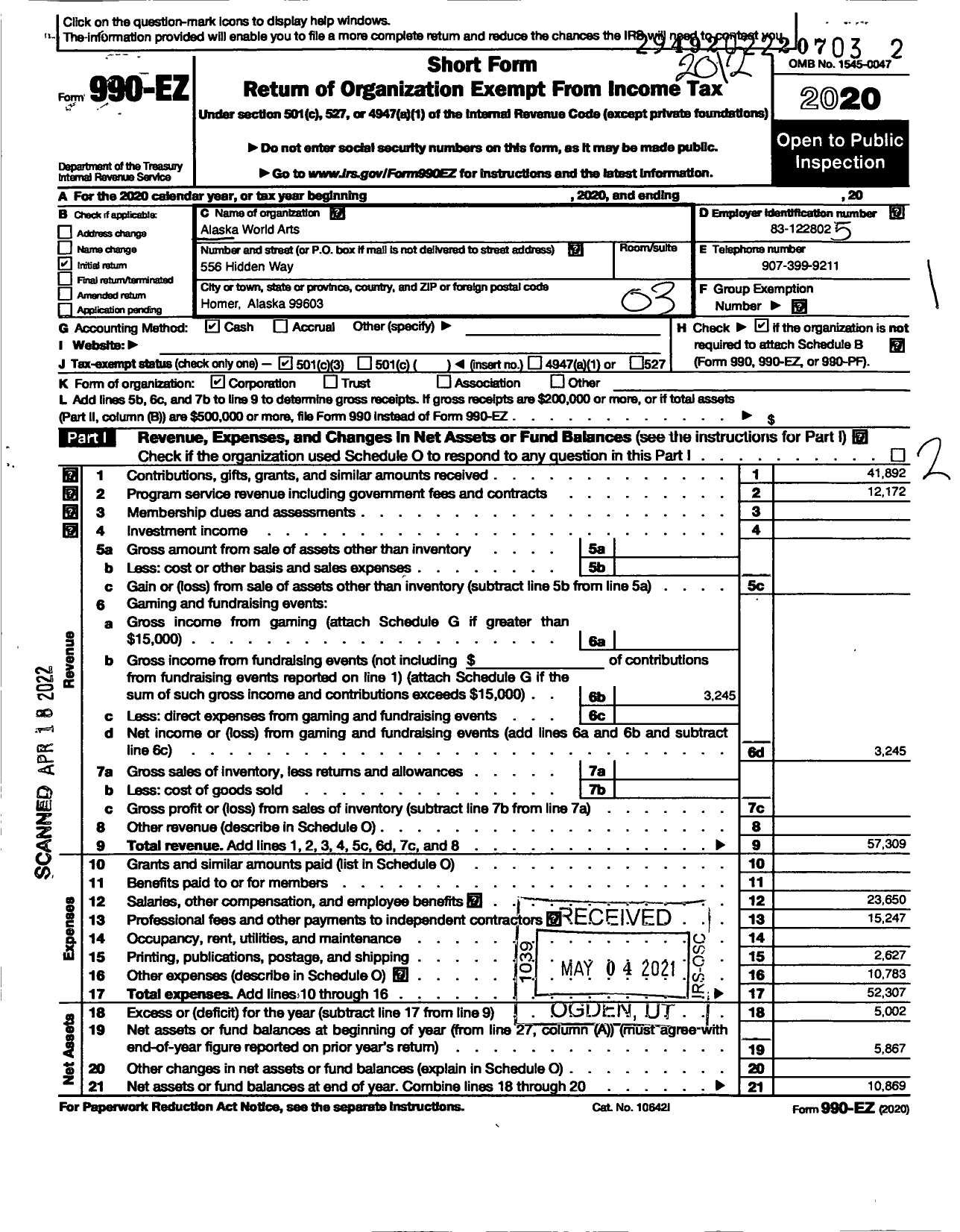 Image of first page of 2020 Form 990EZ for Alaska World Arts