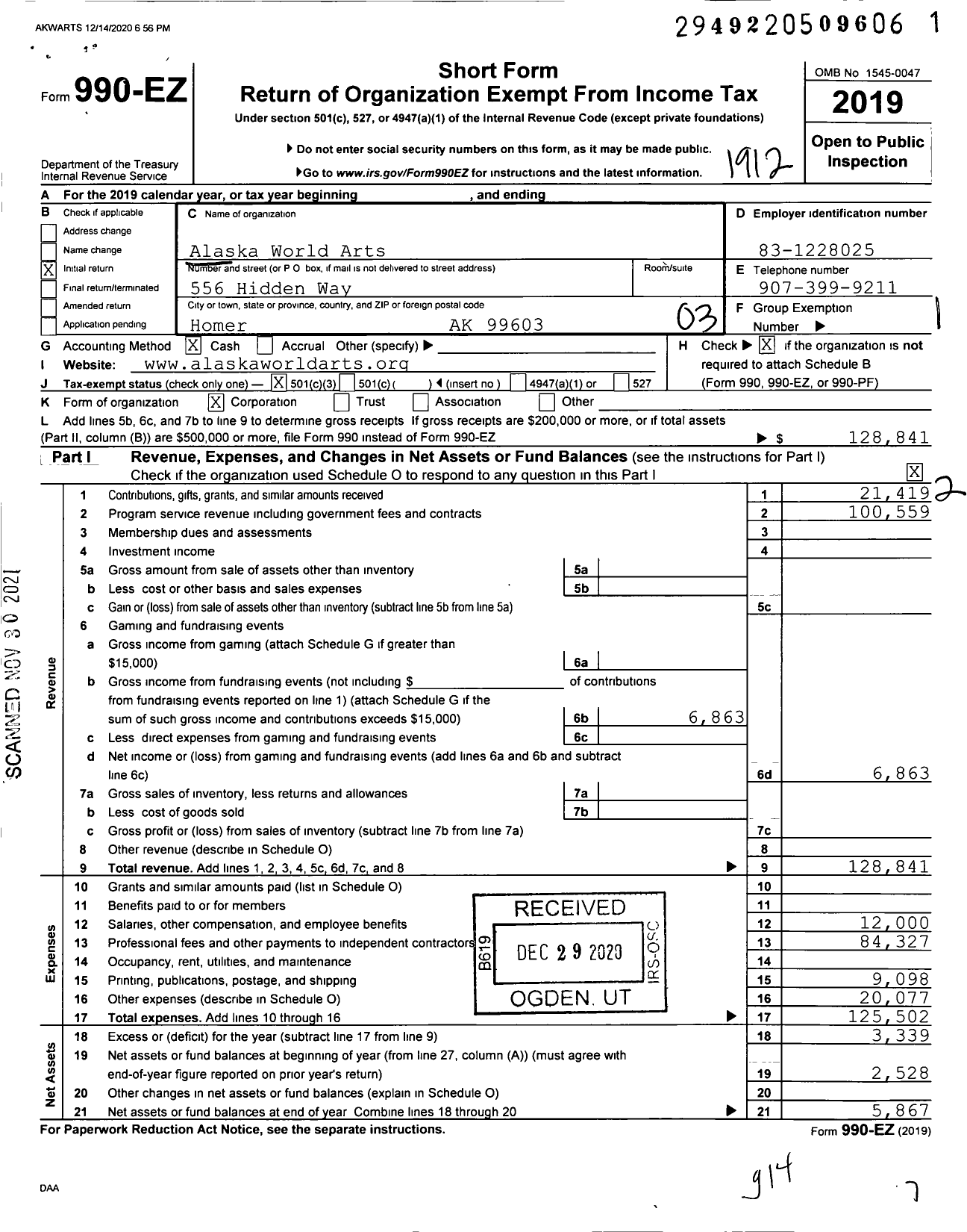 Image of first page of 2019 Form 990EZ for Alaska World Arts