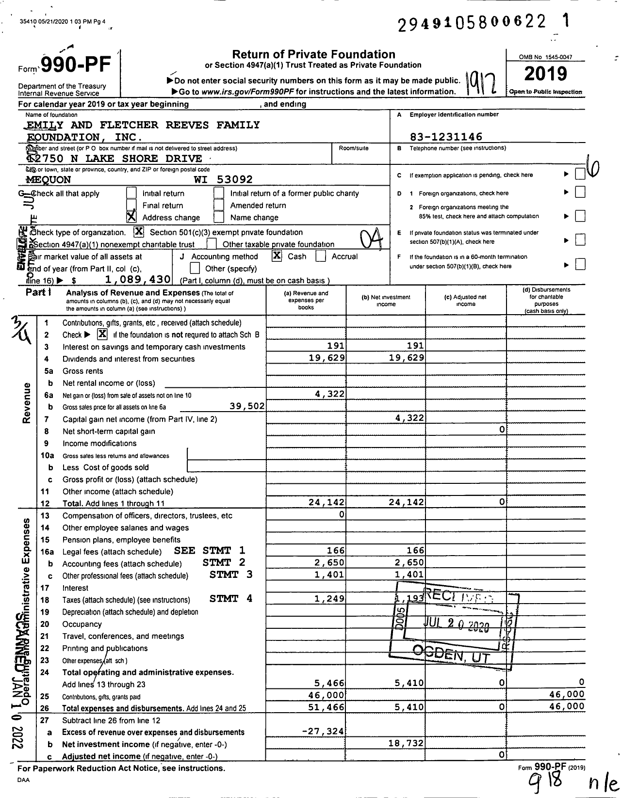 Image of first page of 2019 Form 990PF for Emily and Fletcher Reeves Family Foundation