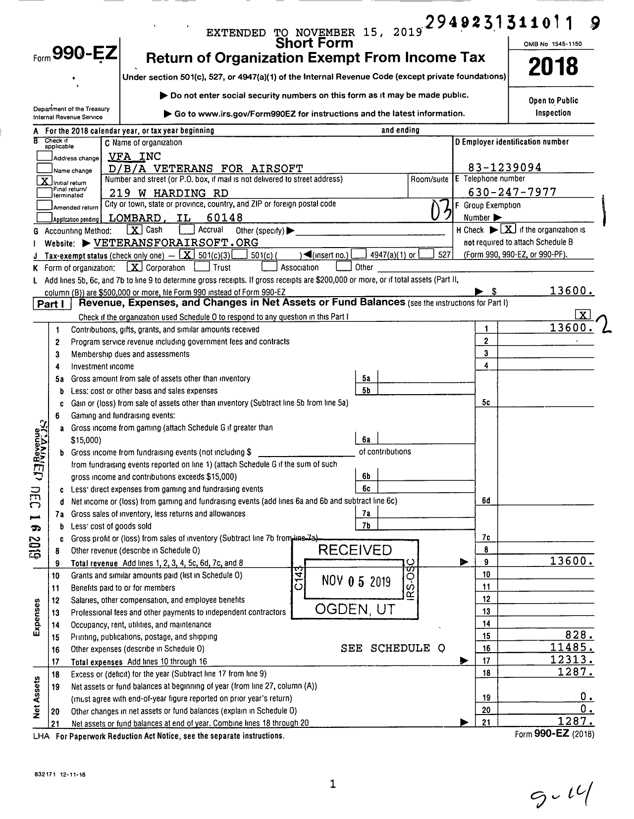 Image of first page of 2018 Form 990EZ for Veterans for Airsoft (VFA)