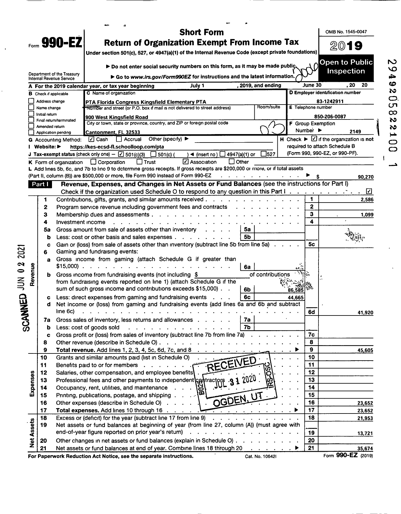 Image of first page of 2019 Form 990EZ for PTA FLORIDA CONGRESS - Kingsfield Elementary School PTA