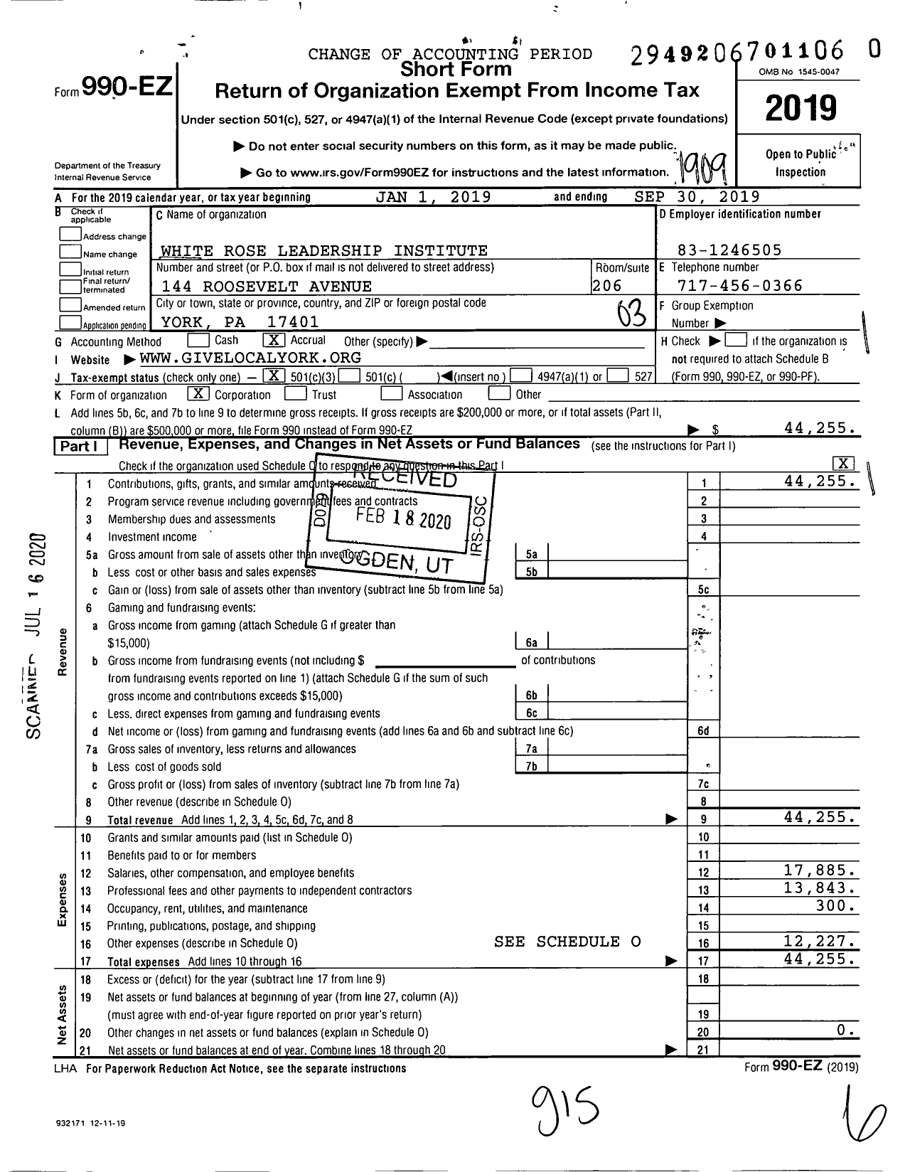 Image of first page of 2018 Form 990EZ for White Rose Leadership Institute