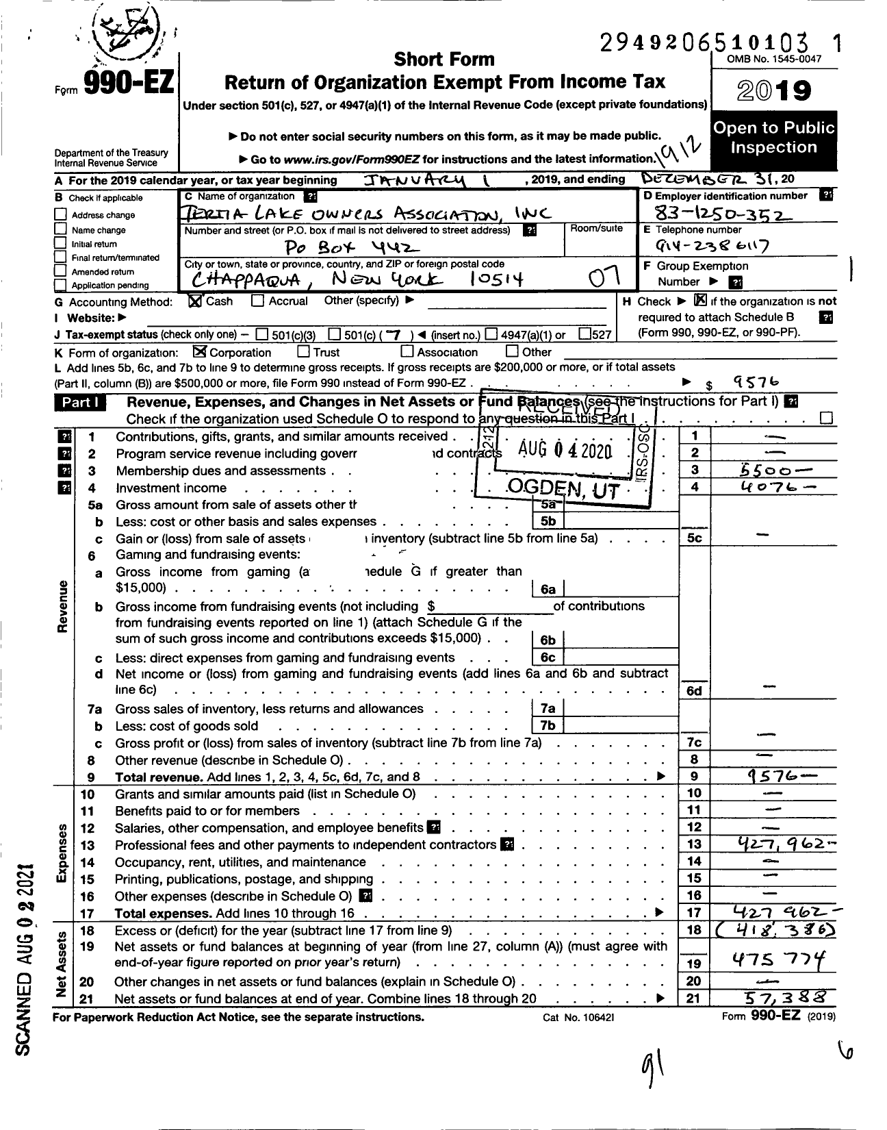 Image of first page of 2019 Form 990EO for Tertia Lake Owners Association