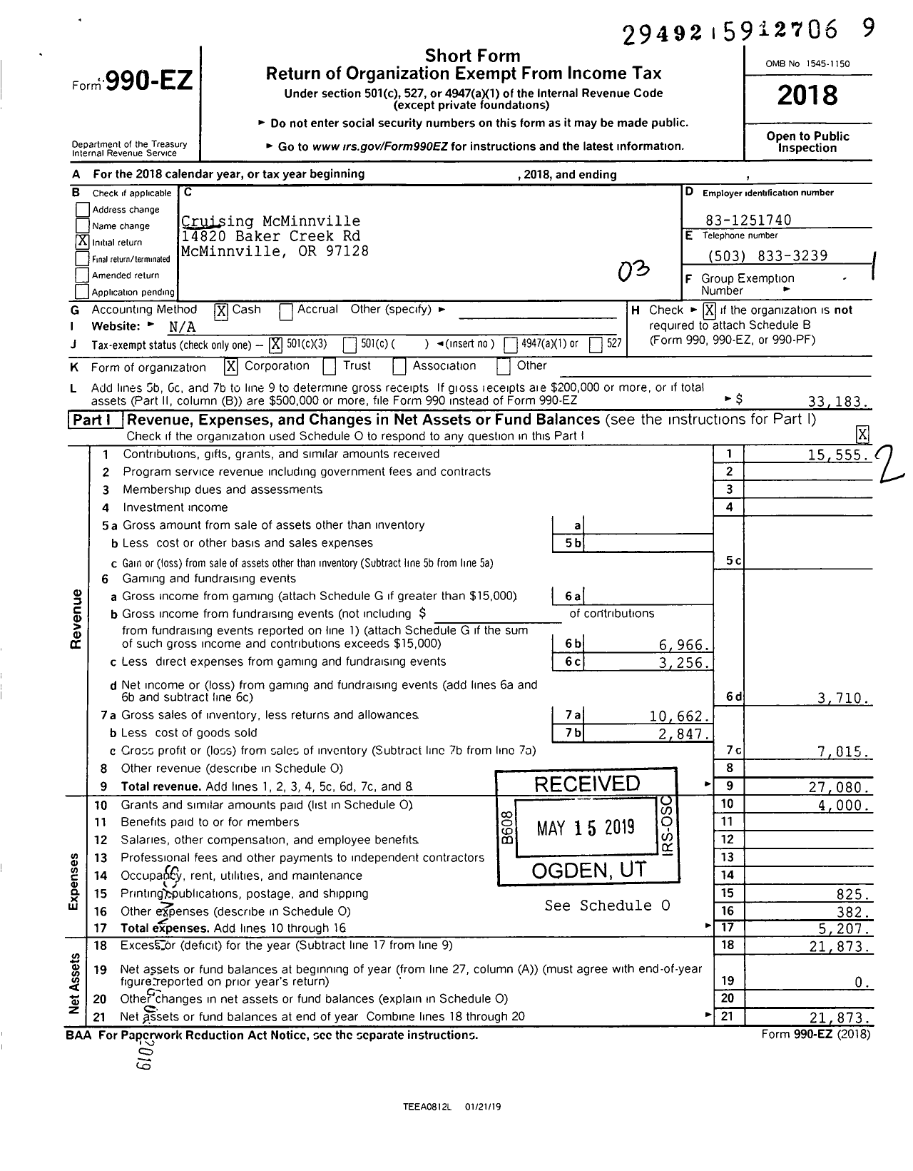 Image of first page of 2018 Form 990EZ for Cruising McMinnville