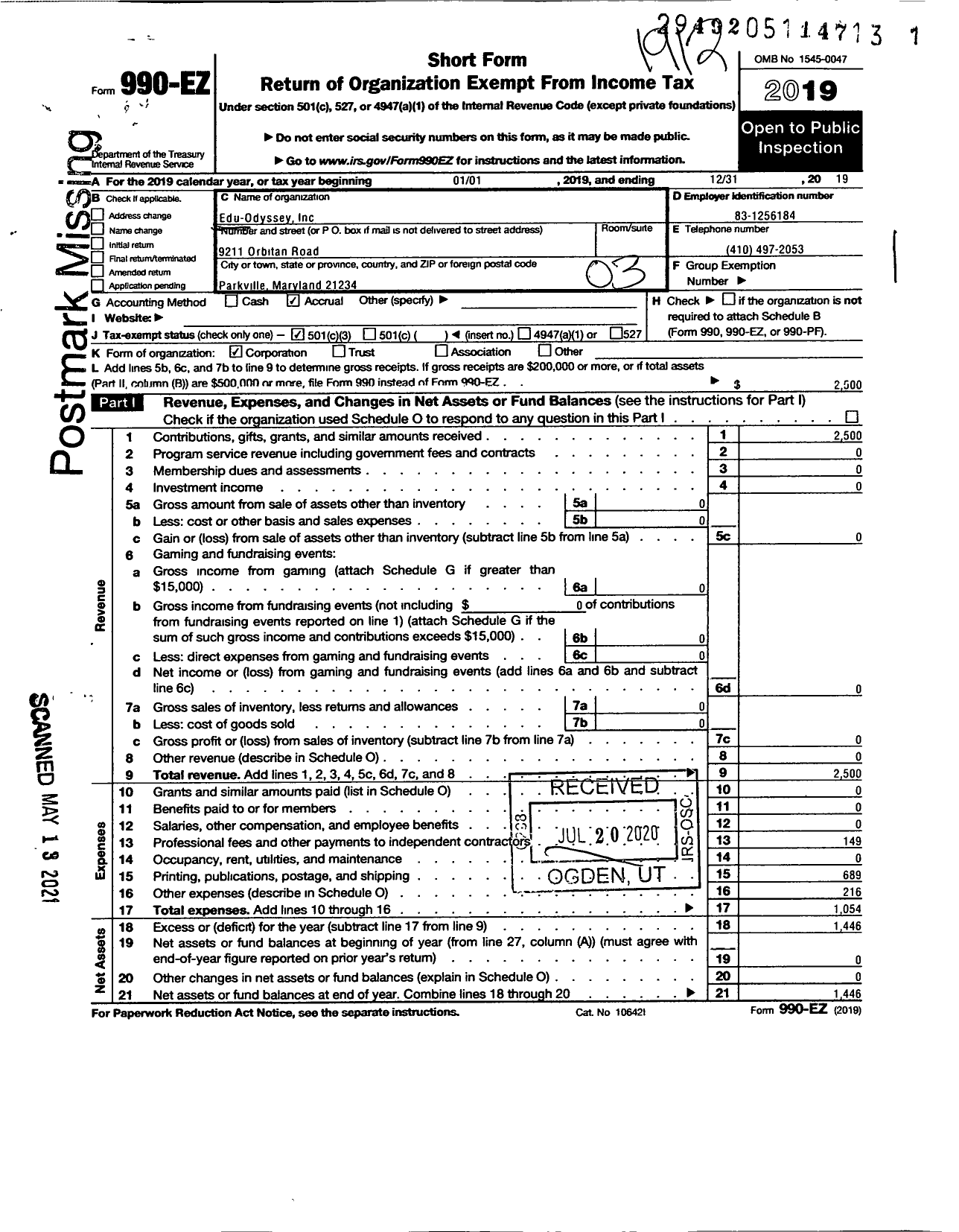 Image of first page of 2019 Form 990EZ for Edu-Odyssey