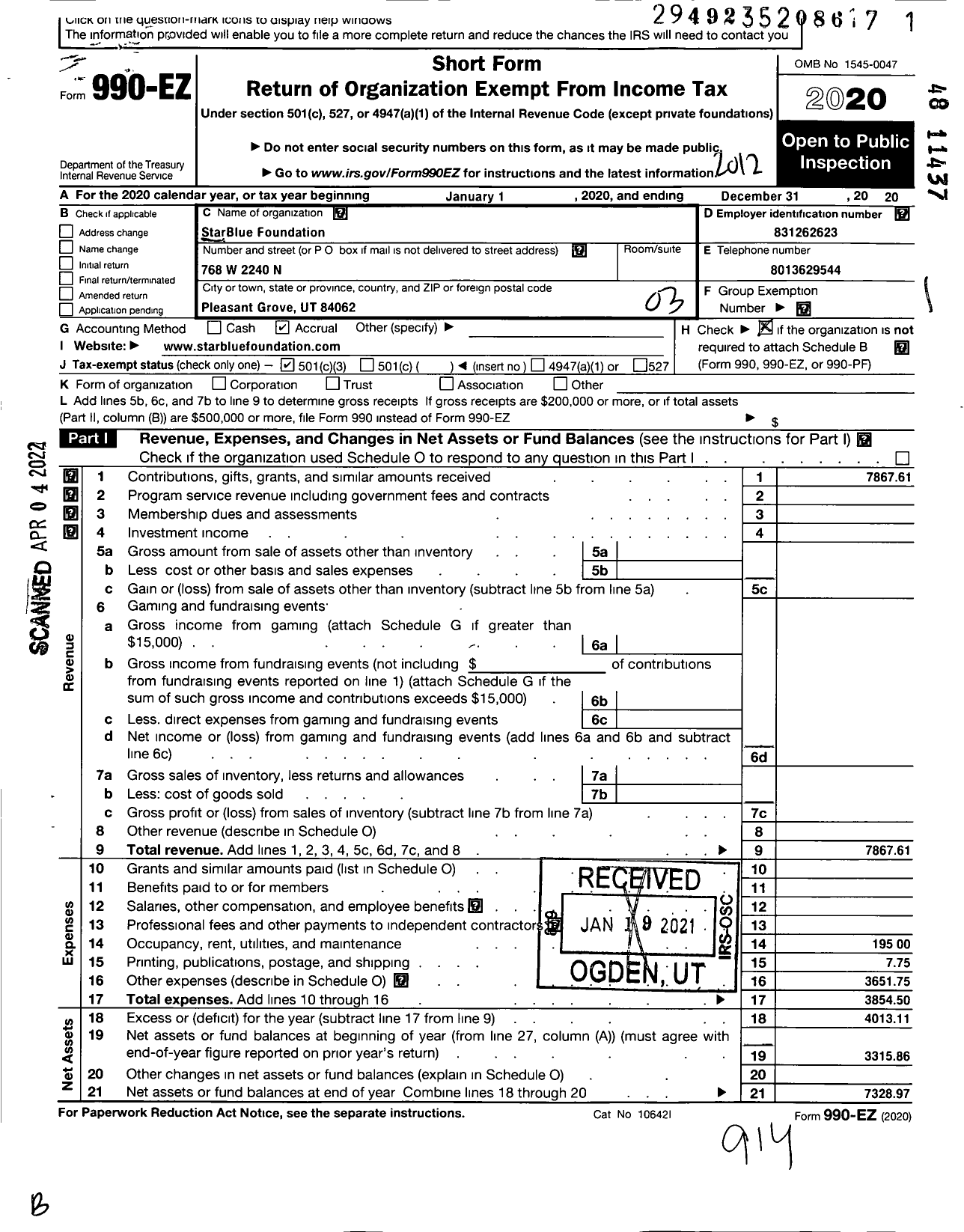Image of first page of 2020 Form 990EZ for Starblue Foundation