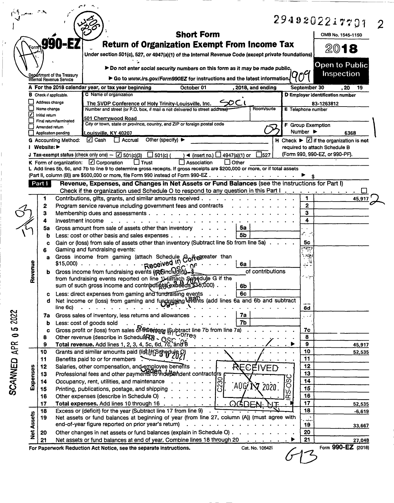 Image of first page of 2018 Form 990EZ for Society of St Vincent Depaul Council of Louisville / SVDP Conference of Holy Trinity-Lou